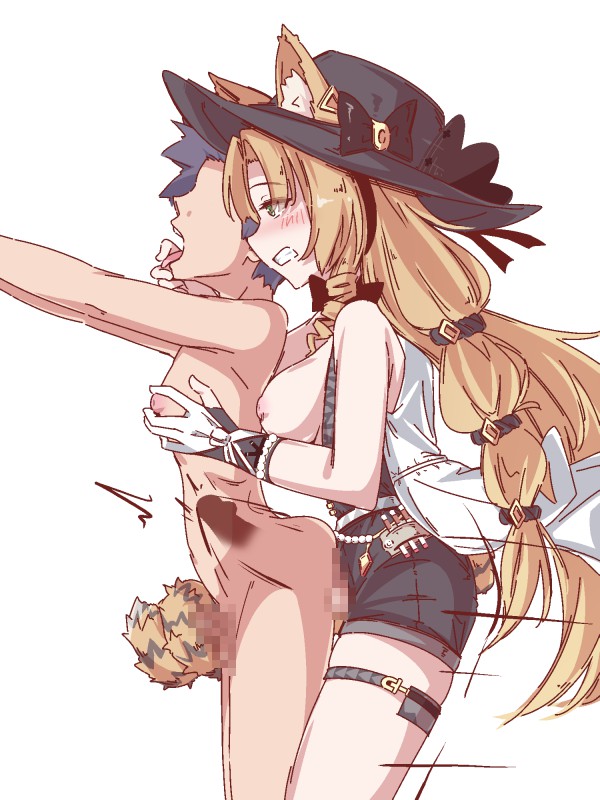 arknights, faceless male, futa on male, futanari, gemuaka719, intersex, male, swimsuit, swire (arknights), tail, tail job