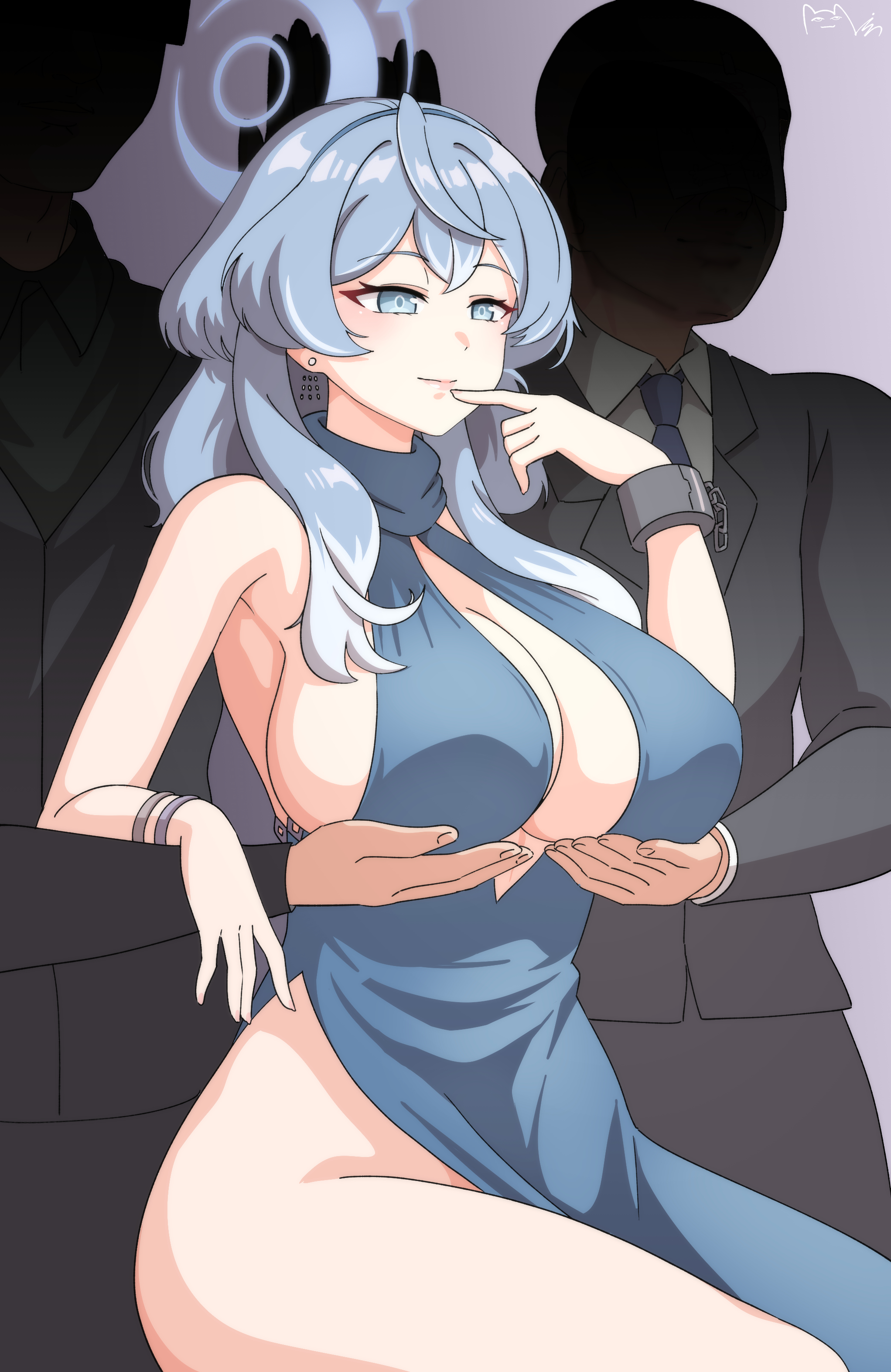 1girls, 2boys, absurdres, ako (blue archive), ako (dress) (blue archive), bare shoulders, blue archive, blue dress, blue eyes, blue hair, blue halo, blue necktie, bracelet, breast hold, breasts, business suit, chains, closed mouth, commentary request, cuffs, dress, earrings, faceless, faceless male, female, finger to mouth, gradient hair, grey jacket, grey pants, halo, halter dress, halterneck, highres, jacket, jewelry, korean commentary, large breasts, light smile, long hair, majinmallow, male, meme, multicolored hair, multiple boys, multiple males, necktie, no panties, no panties under dress, official alternate costume, pants, plunging neckline, servants holding aphrodite's breasts (meme), shackles, side slit, sideboob, sideless dress, sitting, sleeveless, sleeveless dress, stud earrings, suit, white hair