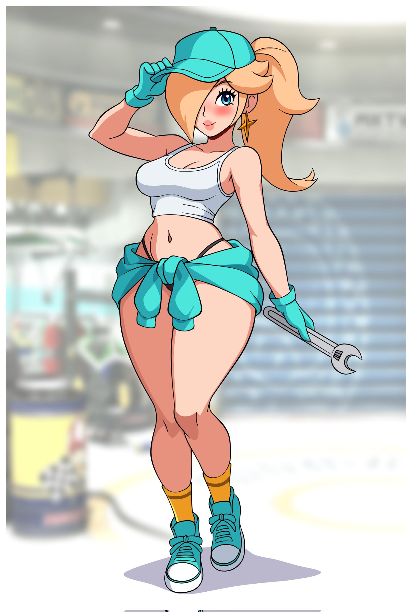 1girls, blonde hair, blue eyes, blue gloves, blue shoes, blue sweatshirt, blush, clothing, ear piercing, eyelashes, female, female only, gloves, hair covering eye, hat, holding wrench, hourglass figure, human, human only, light skin, light-skinned female, long hair, machanic, mammal, mario (series), mature, mature female, nintendo, ponytail, princess rosalina, shirt, shoes, socks, sweatshirt, tank top, voluptuous, voluptuous female, woomy1010