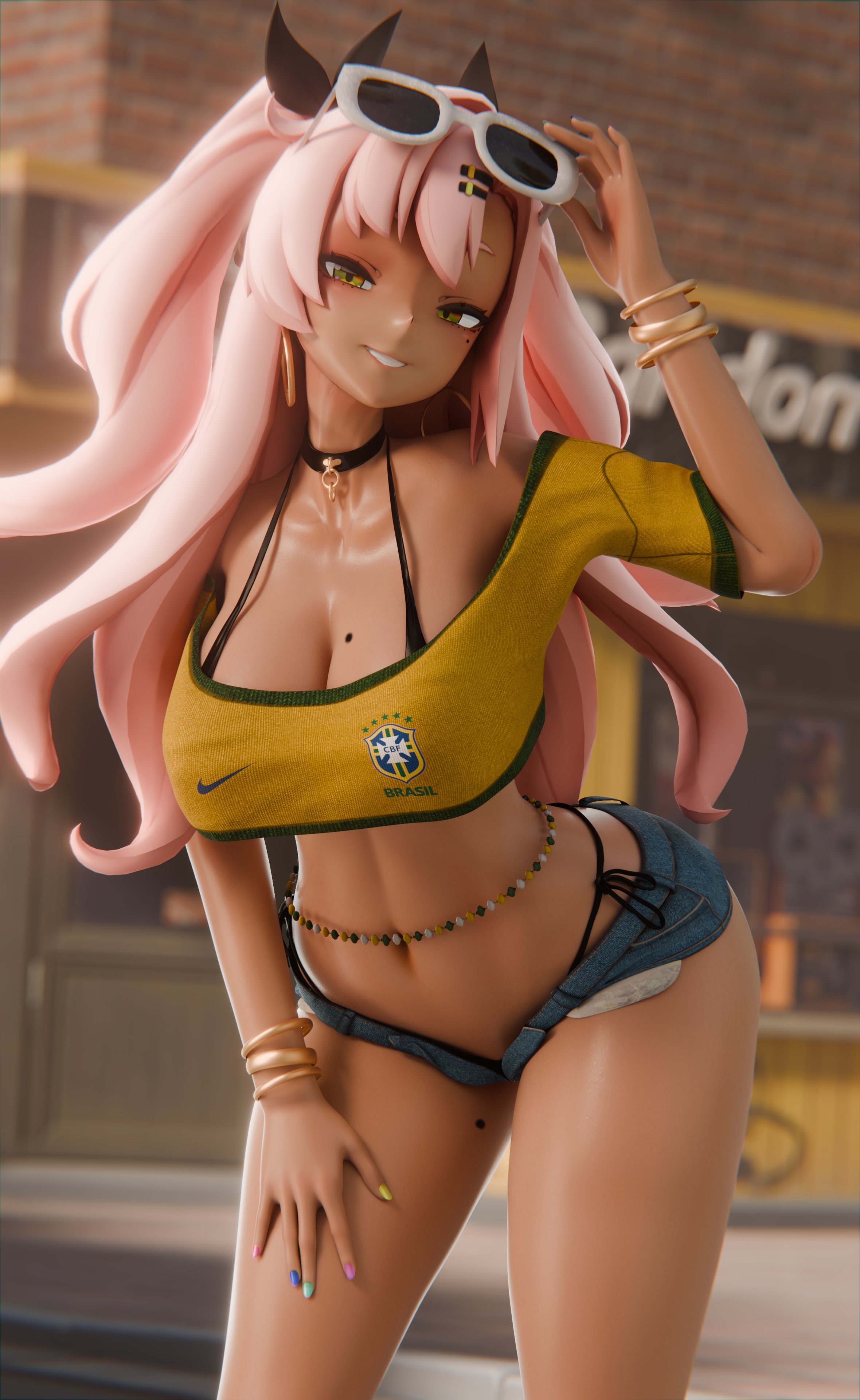 1girls, 3d, armwear, big breasts, bikini bottom, bikini top, black bikini bottom, black bikini top, blue shorts, bracelet, brazilian, brazilian miku (cosplay), brazilian nicole, brazilian nicole (zenless zone zero), brazilian nicole demara (zenless zone zero), breasts, choker, cleavage, cosplay, crop top, dkclaude3d, ear piercing, earrings, female, female only, green eyes, hair, hair ribbon, headwear, huge breasts, long hair, mole, mole on breast, mole on thigh, mole under eye, multicolored nail polish, multicolored nails, nail polish, nails, neckwear, nicole demara, pink hair, ribbon, short shorts, shorts, solo, solo female, sunglasses, sunglasses on head, thighs, twintails, vocaloid, zenless zone zero