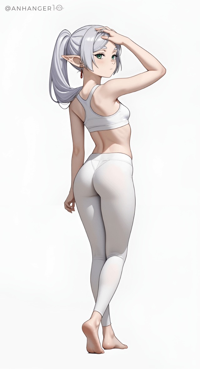 1girls, ai generated, anhanger10, breasts, feet focus, female, frieren, green eyes, lingerie, pointy ears, small breasts, solo, sousou no frieren, white hair, yoga pants
