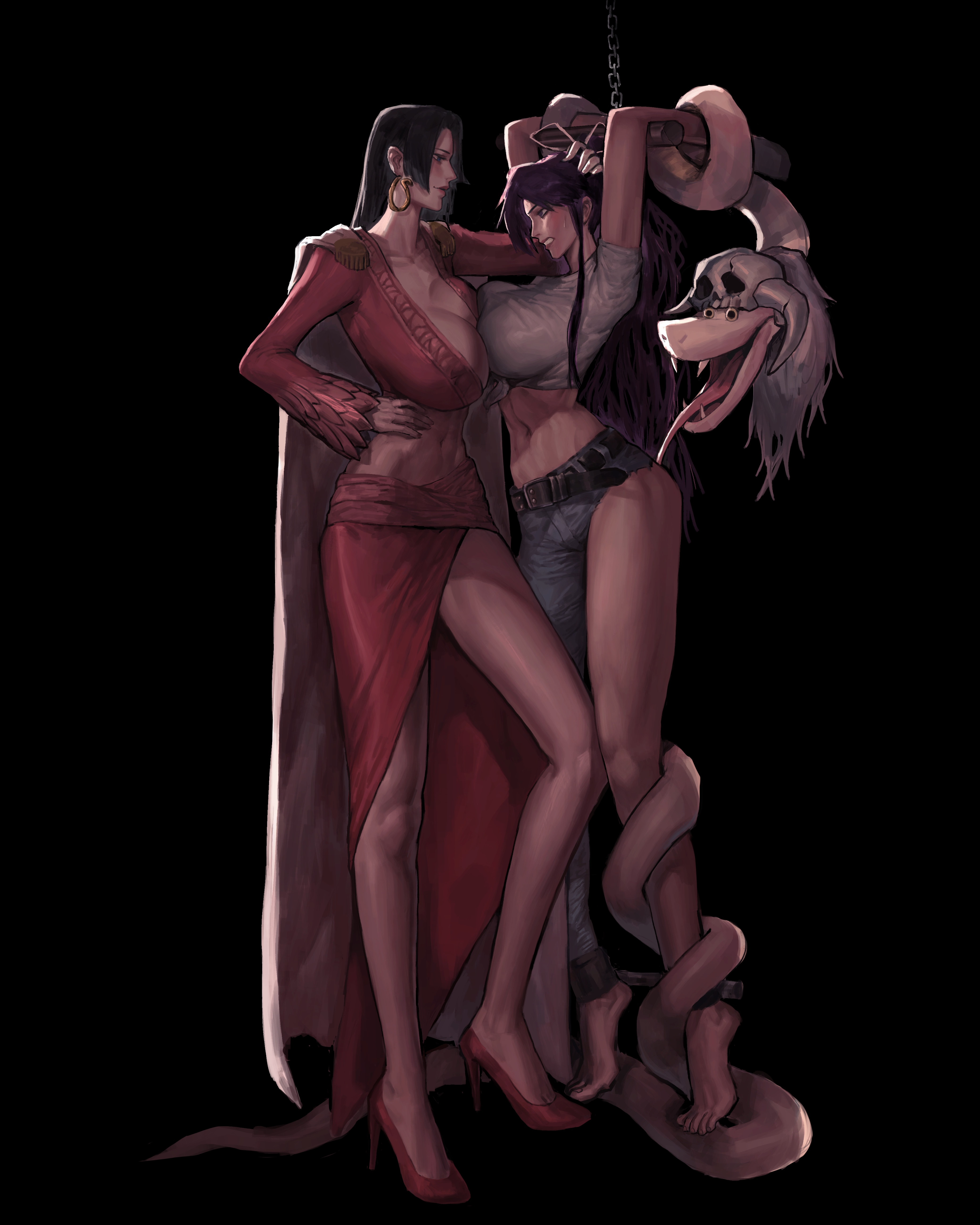 2girls, boa hancock, bound, breasts, cleavage, clothing, female, female only, femdom, imminent sex, kanzaki kaori, lagon (artist), lesbian sex, one piece, to aru majutsu no index