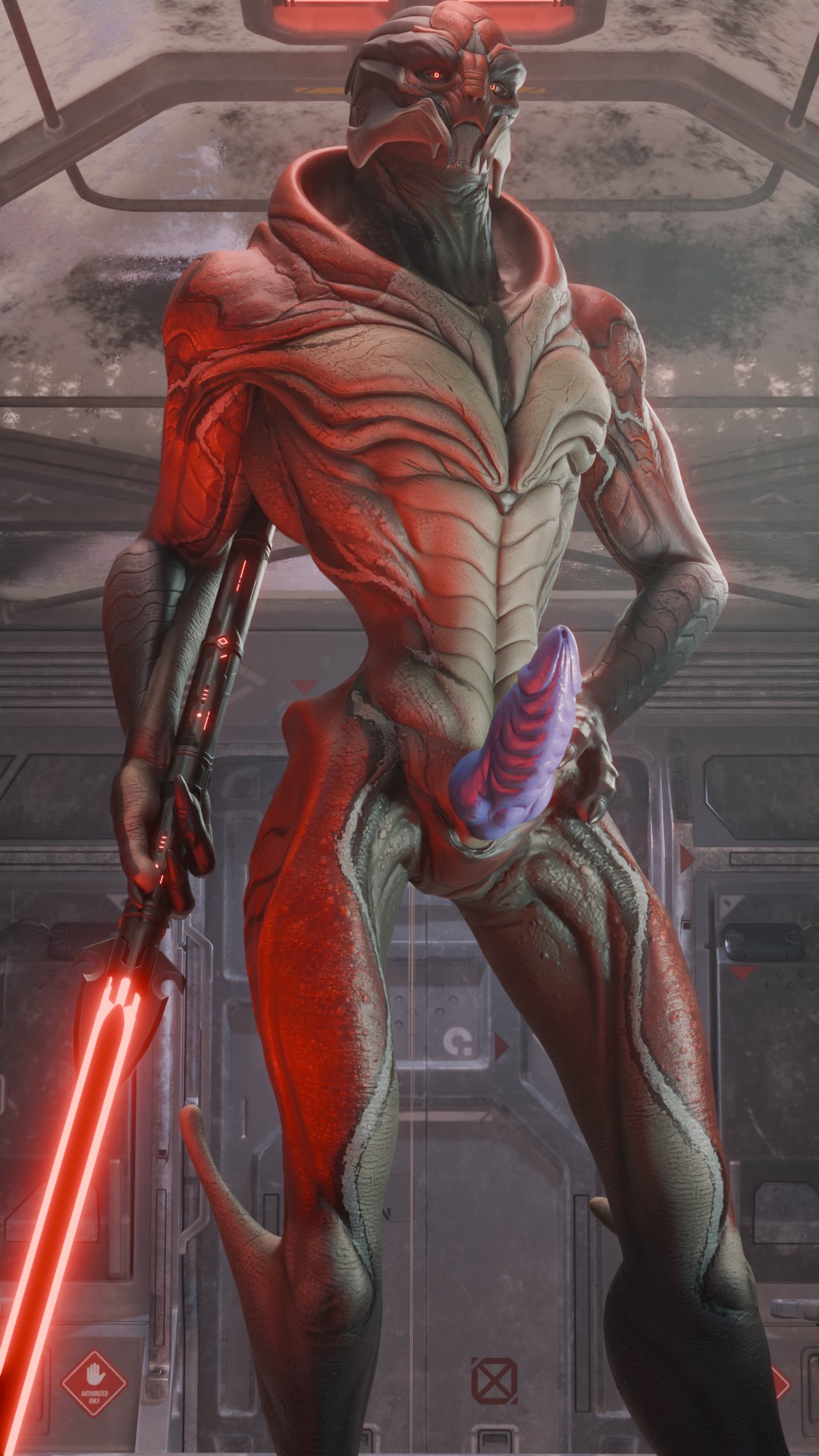 3d_(artwork) 9:16 alien bioware digital_media_(artwork) electronic_arts erection genitals hi_res holding_object knot male male_only mass_effect myackao penis solo standing turian weapon