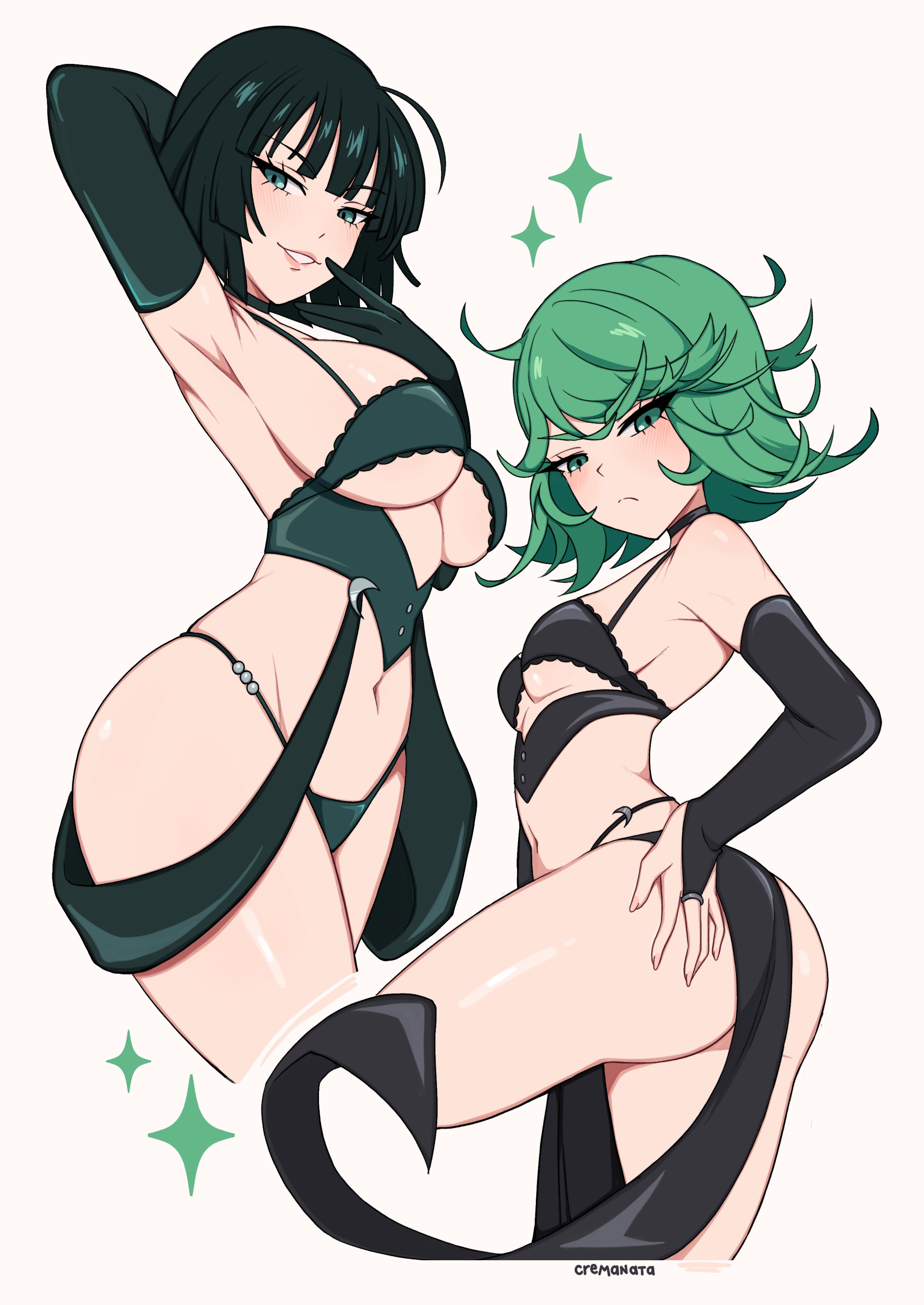 2girls, absurd res, ass, breasts, cremanata, female, female focus, female only, fubuki (one-punch man), green eyes, green hair, hi res, large breasts, light skin, light-skinned female, looking at viewer, one-punch man, siblings, sisters, small breasts, tatsumaki, thighs, wide hips