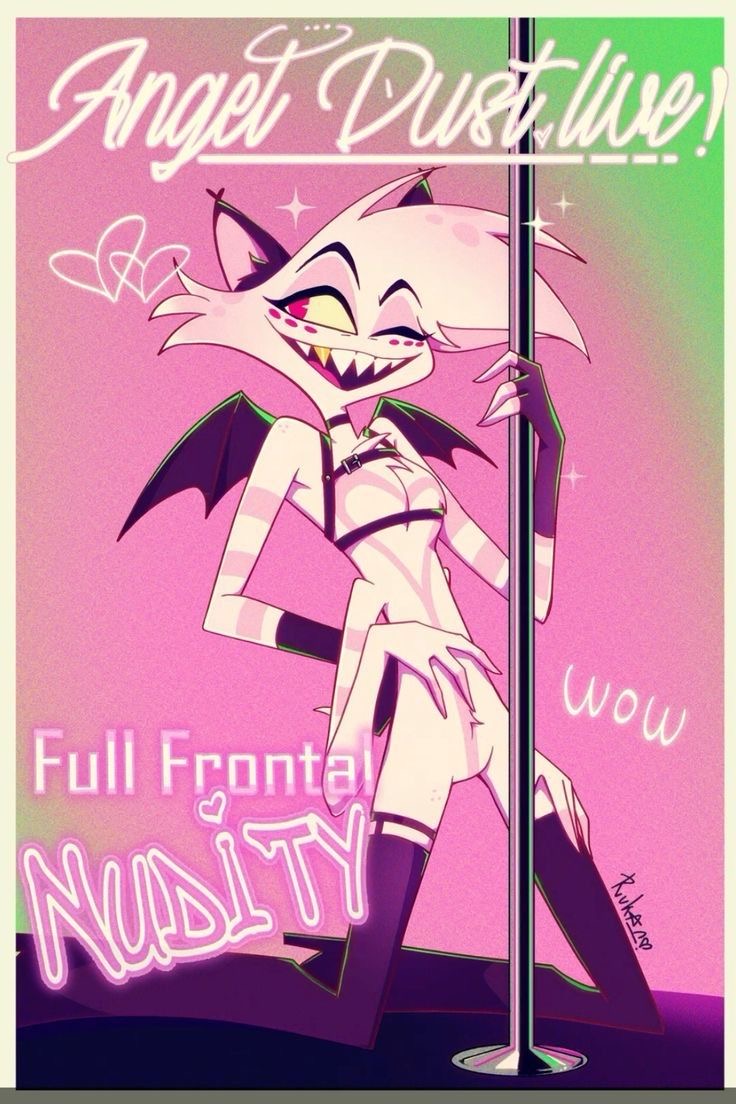 advertisement, angel dust (hazbin hotel), faggot, female, gay, happy, happy male, hazbin hotel, male, male only, pink background, pole dancer, pole dancing, poster, poster (object), pussy, pussy facing the world, rukan, spider, stripper, stripper pole, vivienne medrano, vivziepop, wings
