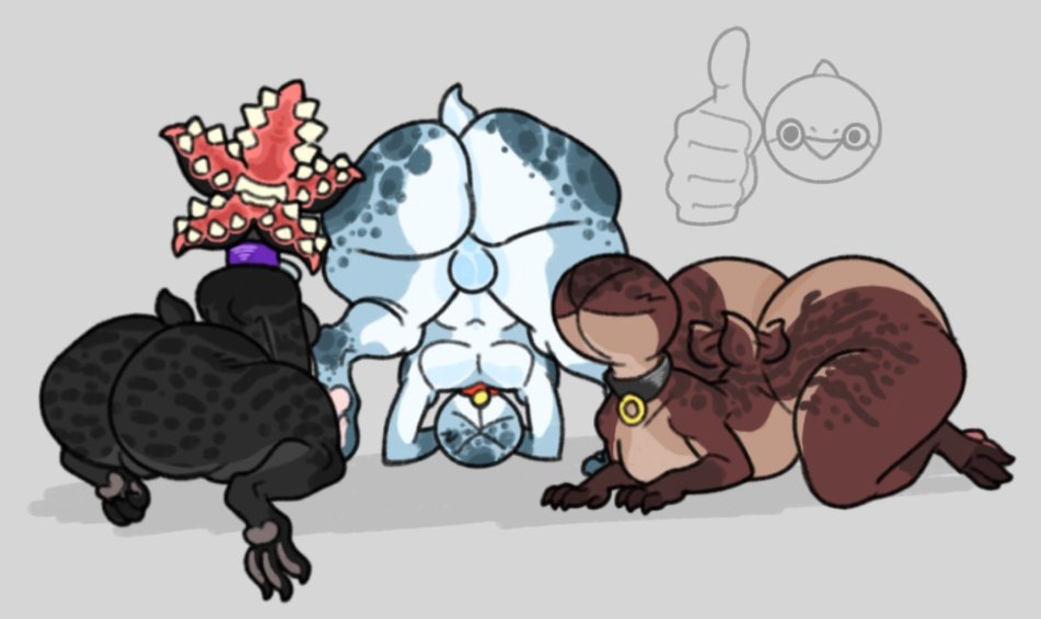 1girls, 2boys, agnes (torururuu), ass, ass bigger than head, backsack, balls, ballsack, behind view, big ass, big butt, breasts, bubble butt, collar, curvaceous, curvy, curvy figure, demodoggo (torururuu), demogorgon, face down ass up, female, femboy, girly, grey background, huge ass, looking back, male, monster, neckwear, no eyes, nude, open mouth, pawpads, pet, rusty (torururuu), scut tail, semi-anthro, sharp teeth, small breasts, stranger things, tail, tailwag, thick thighs, torururuu, turtle (torururuu), voluptuous, voluptuous female, voluptuous male, wide hips
