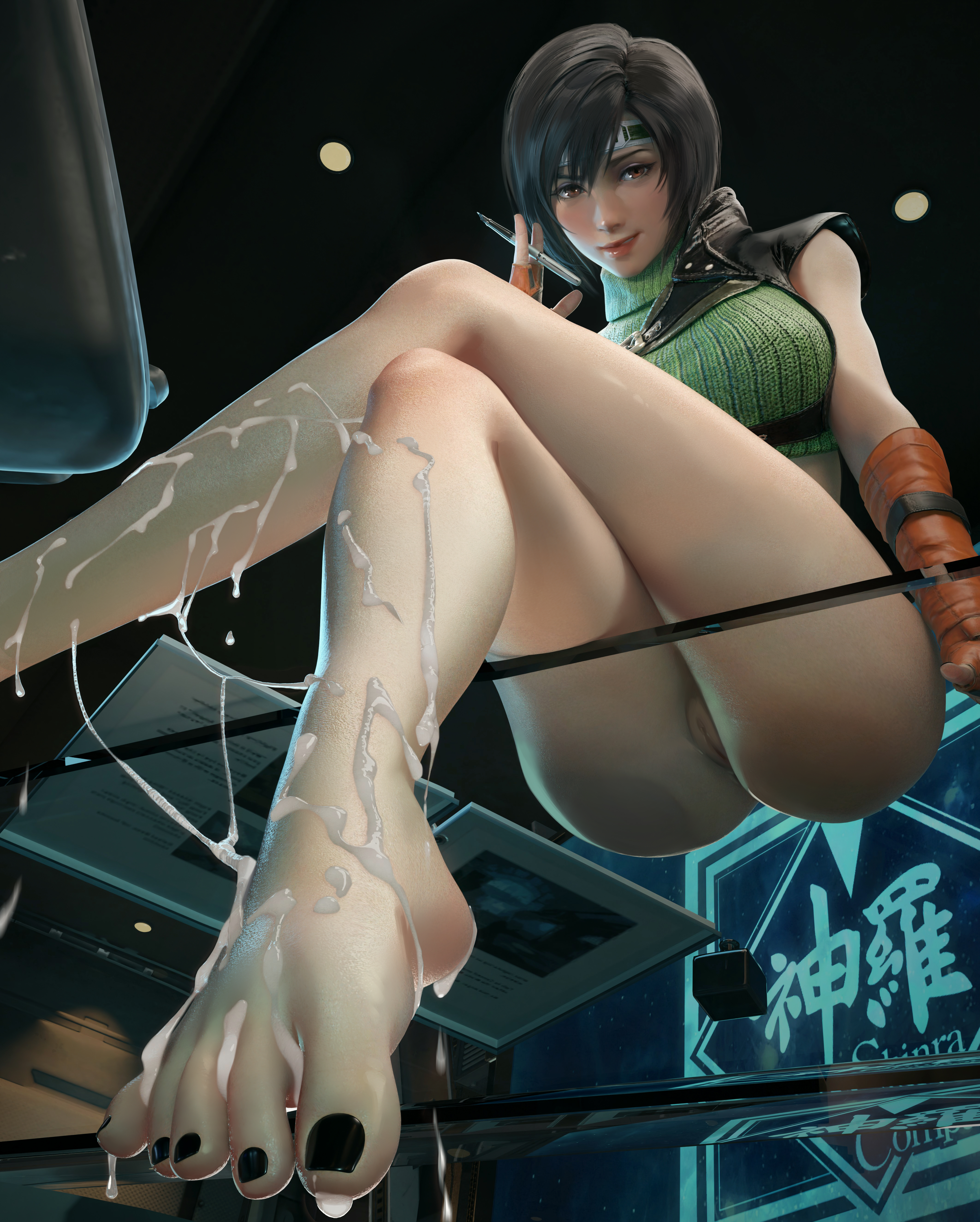 3d, 3d (artwork), 3d model, 3d render, artist name, asian, asian female, barefoot, black hair, black nails, black toenails, brown eyes, crossed legs, cum, cum on feet, desk, dominant female, feet, female, final fantasy, final fantasy vii, final fantasy vii rebirth, final fantasy vii remake, foot, foot fetish, glass table, highres, holding object, holding pen, looking at viewer, looking down, m71z30, ninja, no panties, no pants, office, office desk, painted toenails, pov feet, red eyes, shinra, short hair, sitting on glass, soles, teenage female, young, young female, yuffie kisaragi