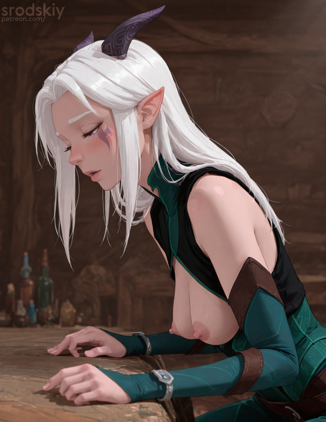 1girls, ai generated, breasts, female, female only, mature female, medium breasts, nipples, open topwear, patreon url, perky nipples, rayla (the dragon prince), side view, srodskiy, tagme, the dragon prince, vulgar