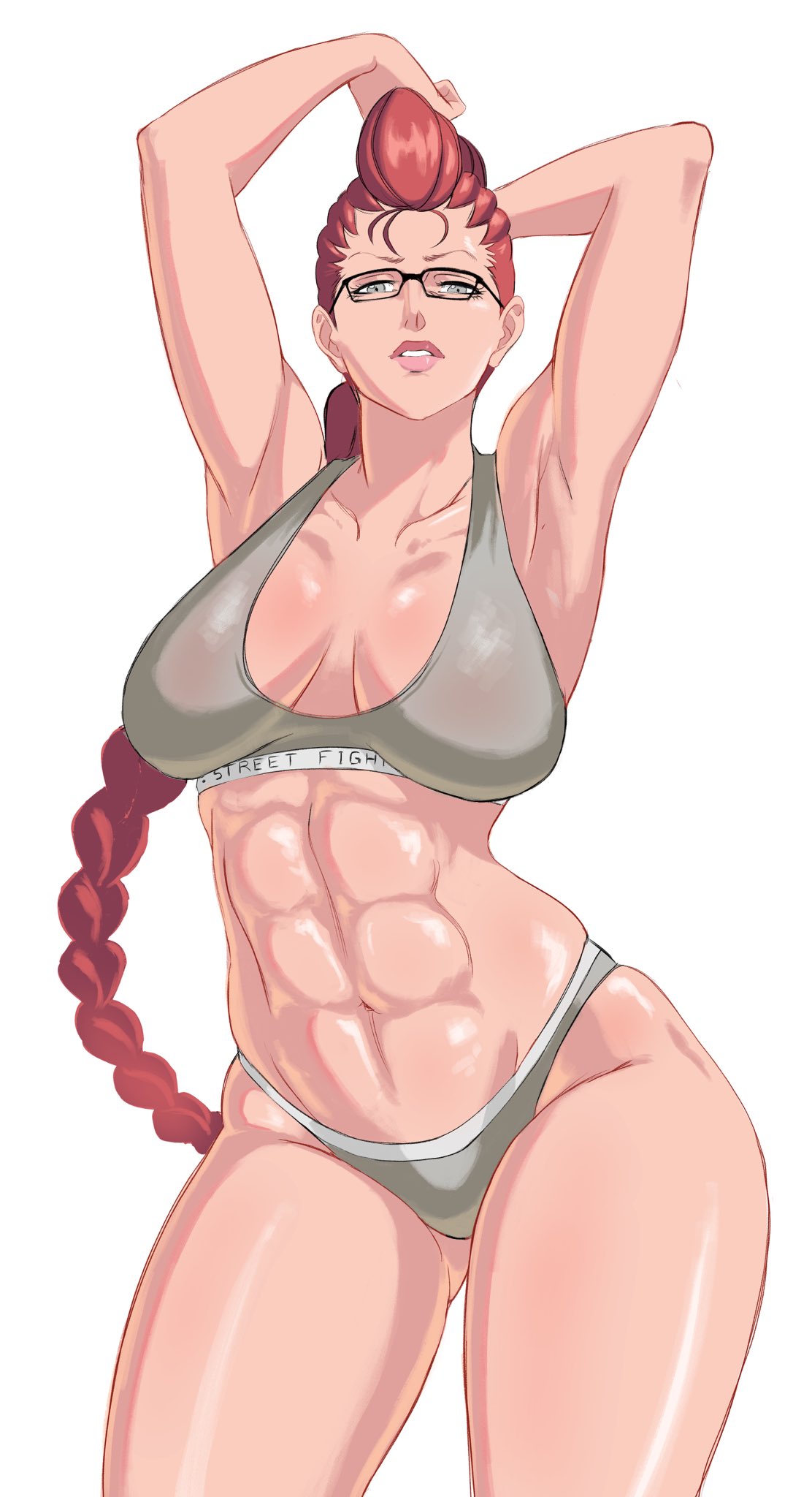 1girls, abs, armpits, arms up, bra, breasts, crimson viper, female, female only, glasses, hands behind head, looking at viewer, milf, octavius dp, panties, red hair, solo, street fighter, sweat, sweaty body, toned, toned female
