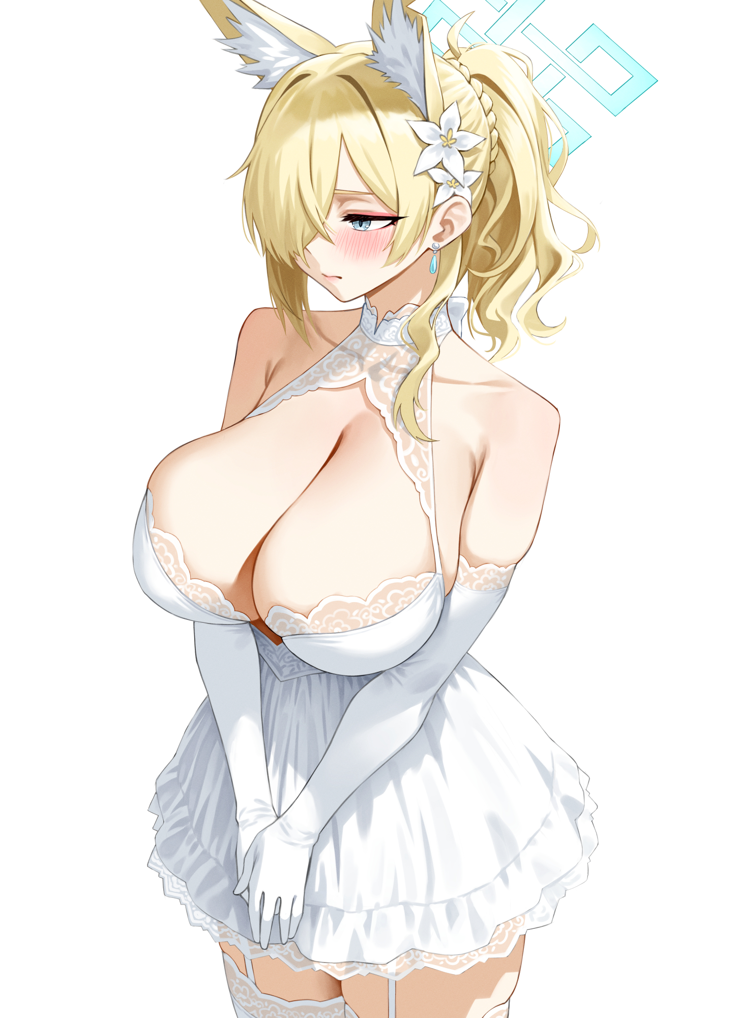 alternate costume, animal ear fluff, animal ears, bare shoulders, blonde hair, blue archive, blue eyes, blue halo, breasts, cleavage, collarbone, dress, earrings, elbow gloves, female, floating earrings, flower, garter straps, gloves, hair flower, hair ornament, hair over one eye, halo, halter dress, halterneck, huge breasts, jewelry, kanna (blue archive), lace trim, lace-trimmed dress, lace-trimmed gloves, lace-trimmed thighhighs, multi ear, own hands together, ponytail, short dress, simple background, skindentation, sleeveless, sleeveless dress, solo, thighhighs, thore (nathalukpol), wavy hair, white background, white dress, white flower, white gloves, white thighhighs