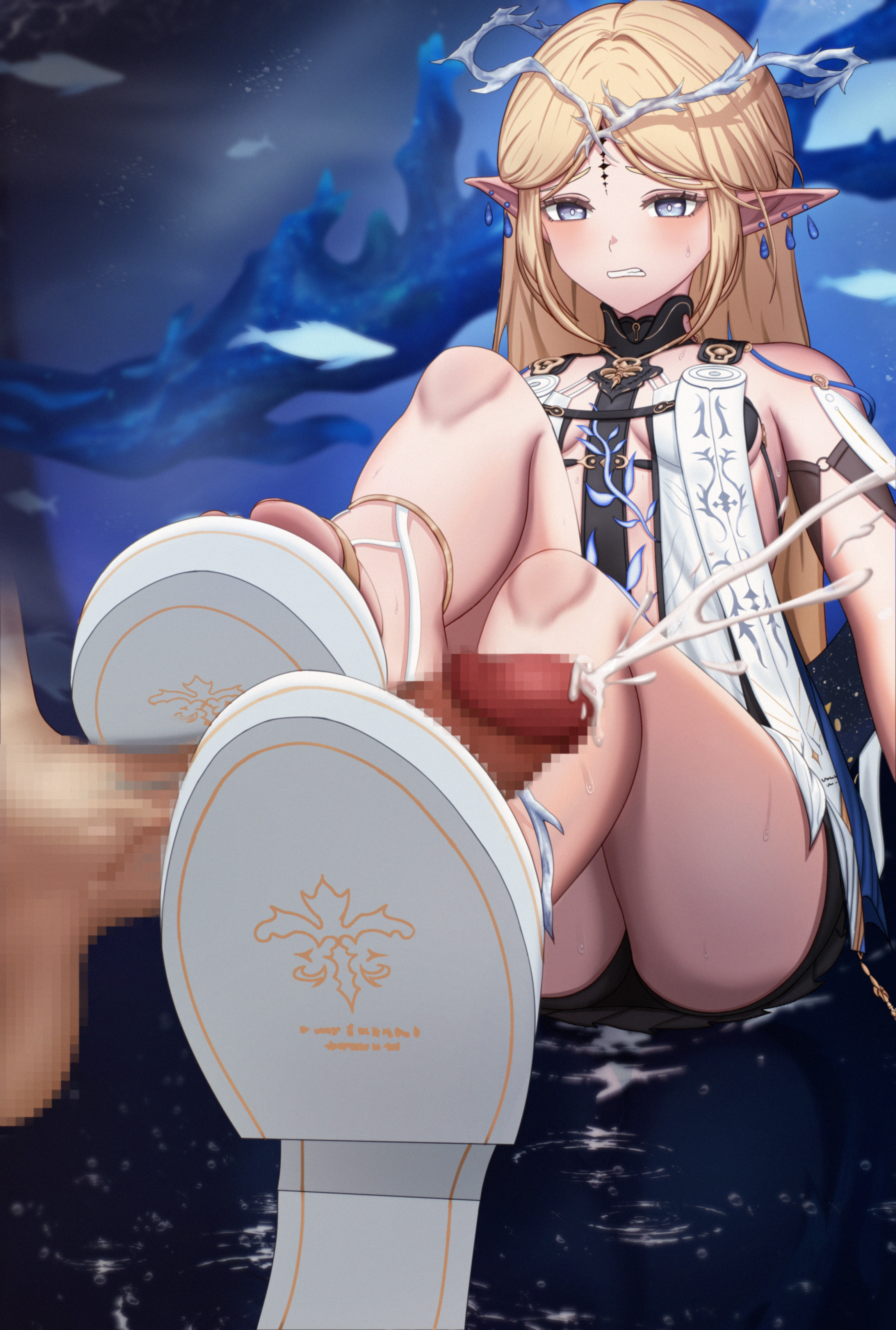 1boy, absurdres, bare shoulders, black collar, blonde hair, blue background, blurry, blurry background, blush, breasts, cartethyia (wuthering waves), censored, closed mouth, collar, crown of thorns, cum, denokoto, earrings, ejaculation, erection, female, footjob, foreshortening, gold trim, grey eyes, hair ornament, highres, jewelry, knees up, large variant set, legs, looking at penis, male, miniskirt, multiple earrings, open mouth, out of frame, parted bangs, penis, pointy ears, projectile cum, sandaljob, sandals, shoe soles, shoejob, sidelocks, sitting, skirt, small breasts, straight, thighs, toenails, toes, two-footed footjob, underboob, variant set, white sandals, wuthering waves