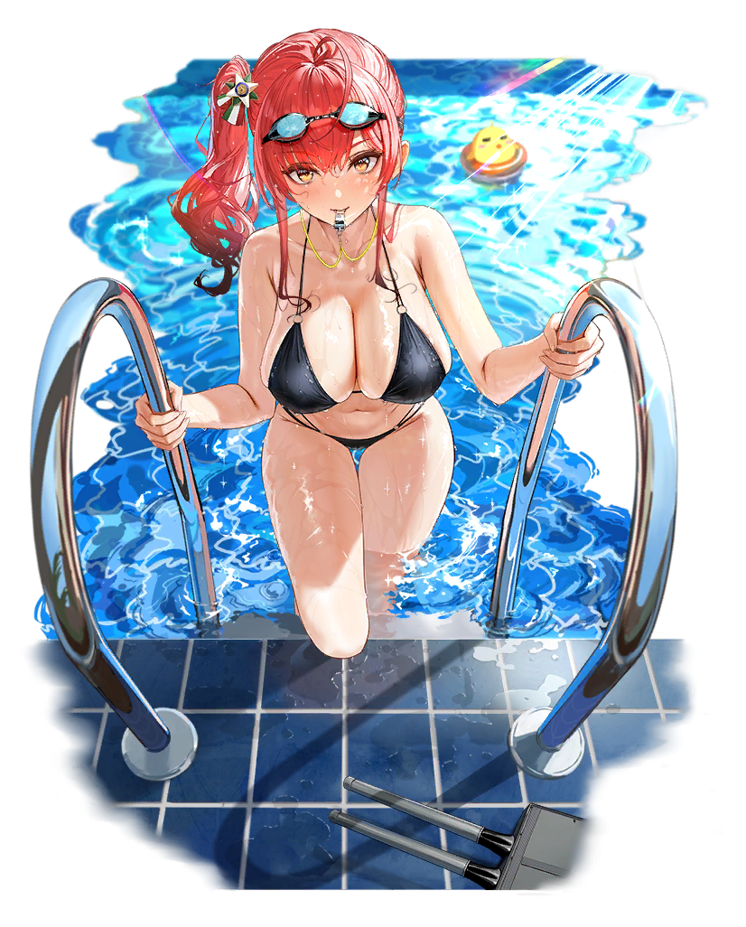 ahoge azur_lane bare_shoulders bikini bird black_background black_bikini blush breasts cg chick cleavage collarbone female full_body goggles goggles_on_head hair_ornament italian_flag large_breasts long_hair looking_at_viewer manjuu_(azur_lane) mouth_hold multi-strapped_bikini navel o-ring o-ring_bikini official_alternate_costume official_art pool pool_ladder poolside red_hair side_ponytail sidelocks skindentation smile solo stomach string_bikini swimsuit thigh_gap thighs tile_floor tiles transparent_background turret water wet whistle whistle_around_neck yellow_eyes zara_(azur_lane) zara_(poolside_coincidence)_(azur_lane)