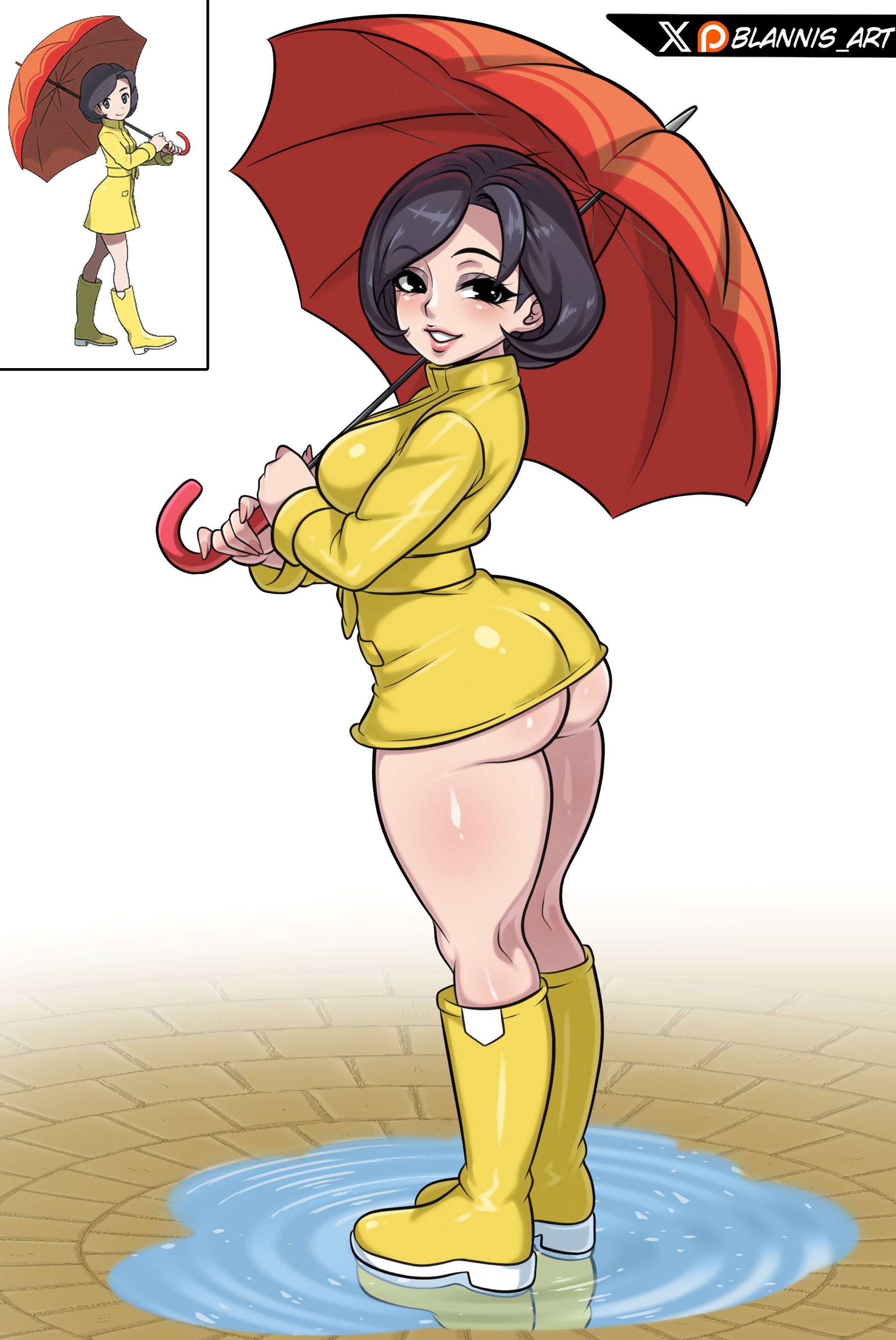 1girls, ass, ass hanging out, blannis art, breasts, female, female focus, female only, jacket, large ass, large breasts, light skin, light-skinned female, looking at viewer, looking back, nintendo, npc trainer, parasol, parasol lady (pokemon oras), parasol lady (pokemon), pokemon, pokemon oras, solo, thick thighs, thighs