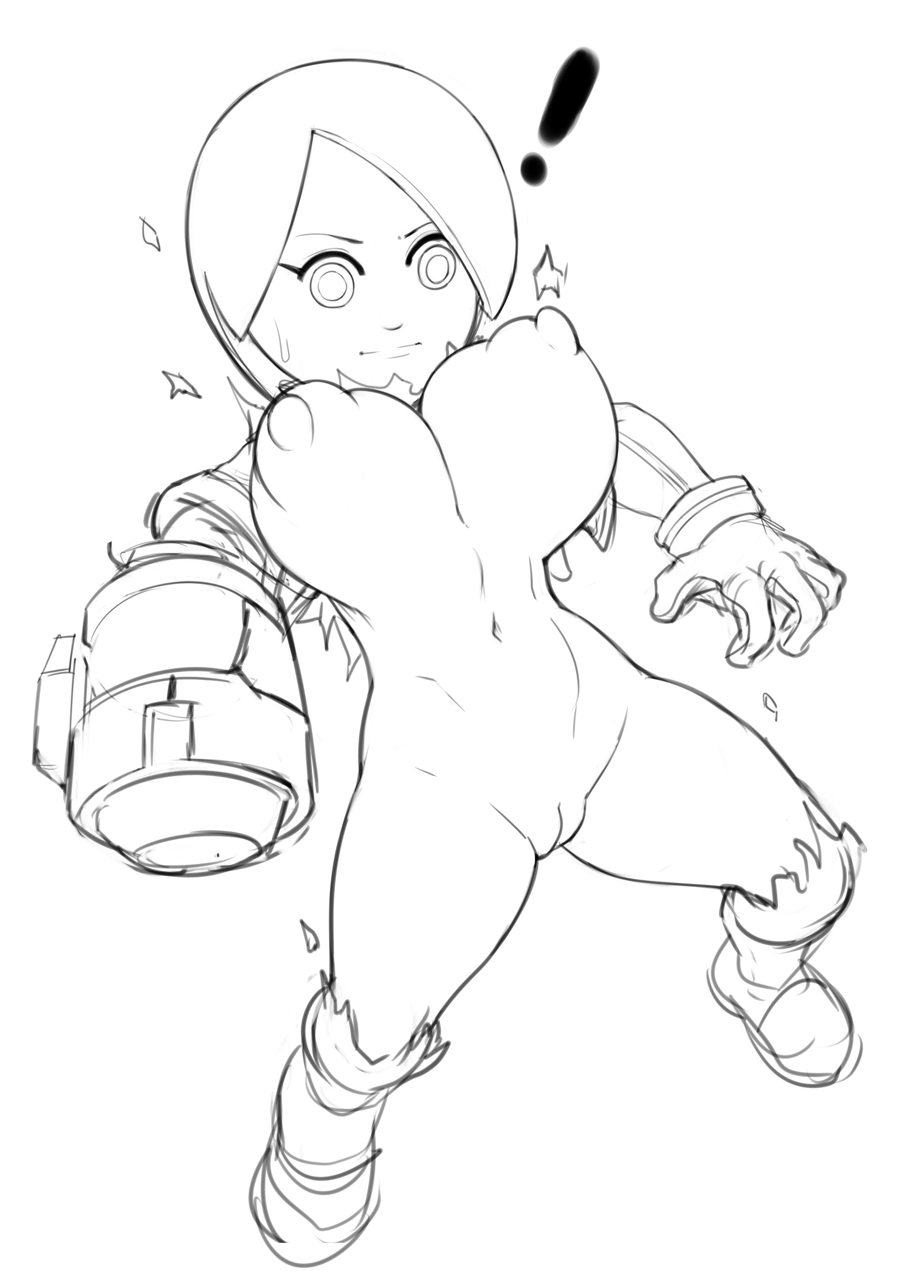 !, 1girls, areola, areolae, arm cannon, big breasts, boots, breasts, busty, clothing, curvy, exposed, exposed breasts, exposed pussy, eyelashes, female, female only, grey impact, highres, huge breasts, large breasts, mii, mii gunner, mii gunner (smash ultimate), mob face, monochrome, navel, nintendo, nipples, partially clothed, pussy, ripped bodysuit, ripped clothes, ripped clothing, sexually suggestive, short hair, sketch, solo, standing, super smash bros., super smash bros. ultimate, surprised, thick thighs, torn bodysuit, torn clothes, torn clothing, vagina, video game, video games, voluptuous, wide hips