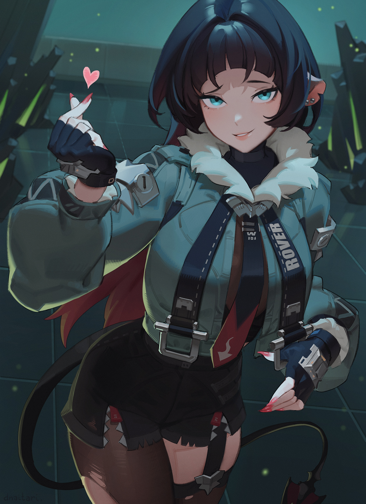 1girls, animal ears, black gloves, black hair, black shorts, blunt bangs, brown pantyhose, brown thighhighs, dnaitari, female, female only, fingerless gloves, fingernails, fur trim, fur-trimmed jacket, gloves, green jacket, grey hair, heart, high-waist shorts, highres, indoors, jacket, jane doe (zenless zone zero), long hair, looking at viewer, mouse ears, mouse girl, mouse tail, multicolored hair, nail polish, pantyhose, red hair, red nails, shorts, sidelocks, single leg pantyhose, single thighhigh, smile, solo, standing, tail, thighhighs, torn clothes, torn pantyhose, torn thighhighs, two-tone hair, zenless zone zero
