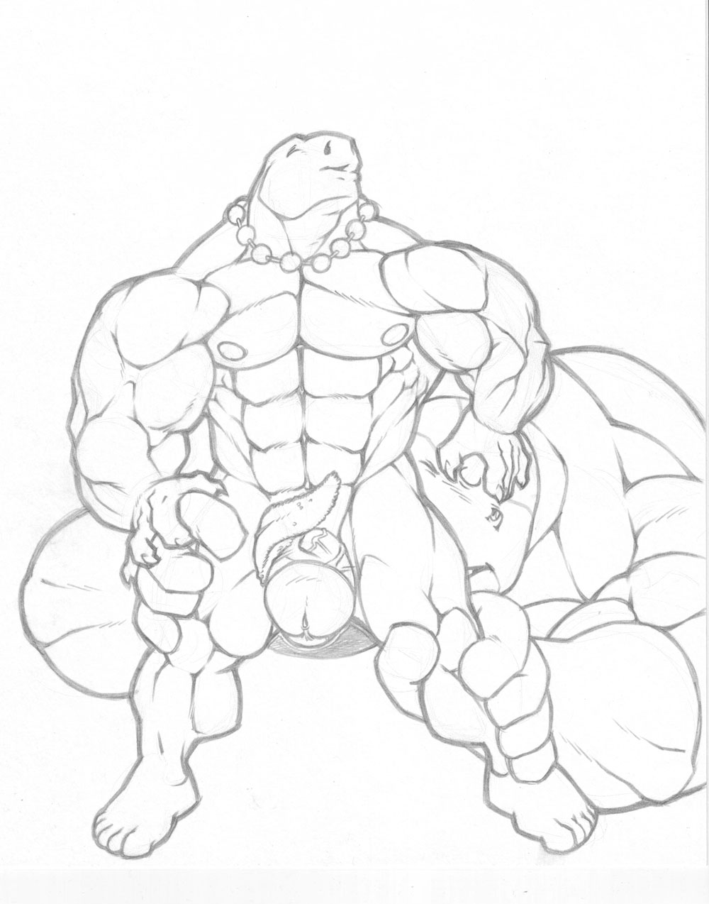 cetacean claws closed_eyes dinosaur dj_mixer_(character) erection gay grin licking lizard lying male marine muscles nude orca penis reptile scalie size_difference sketch standing t-rex tkc2021 tongue