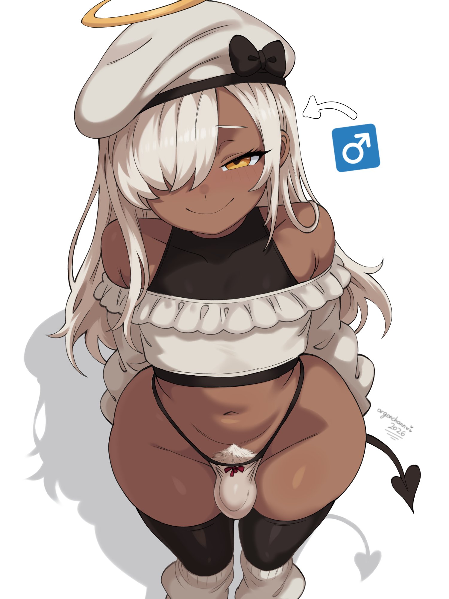 1boy, 2026, 2d, 2d (artwork), argonchann, aru (argonchann), beret, color, colored, crop top, dark skin, dark-skinned femboy, dark-skinned male, femboy, femboy only, hair, halo, hat, legs, legwear, male, male only, original character, penis bulge, pubic hair, smile, smiling, smiling at viewer, solo, solo focus, solo male, tagme, thighhighs, white background, white hair, wide hips