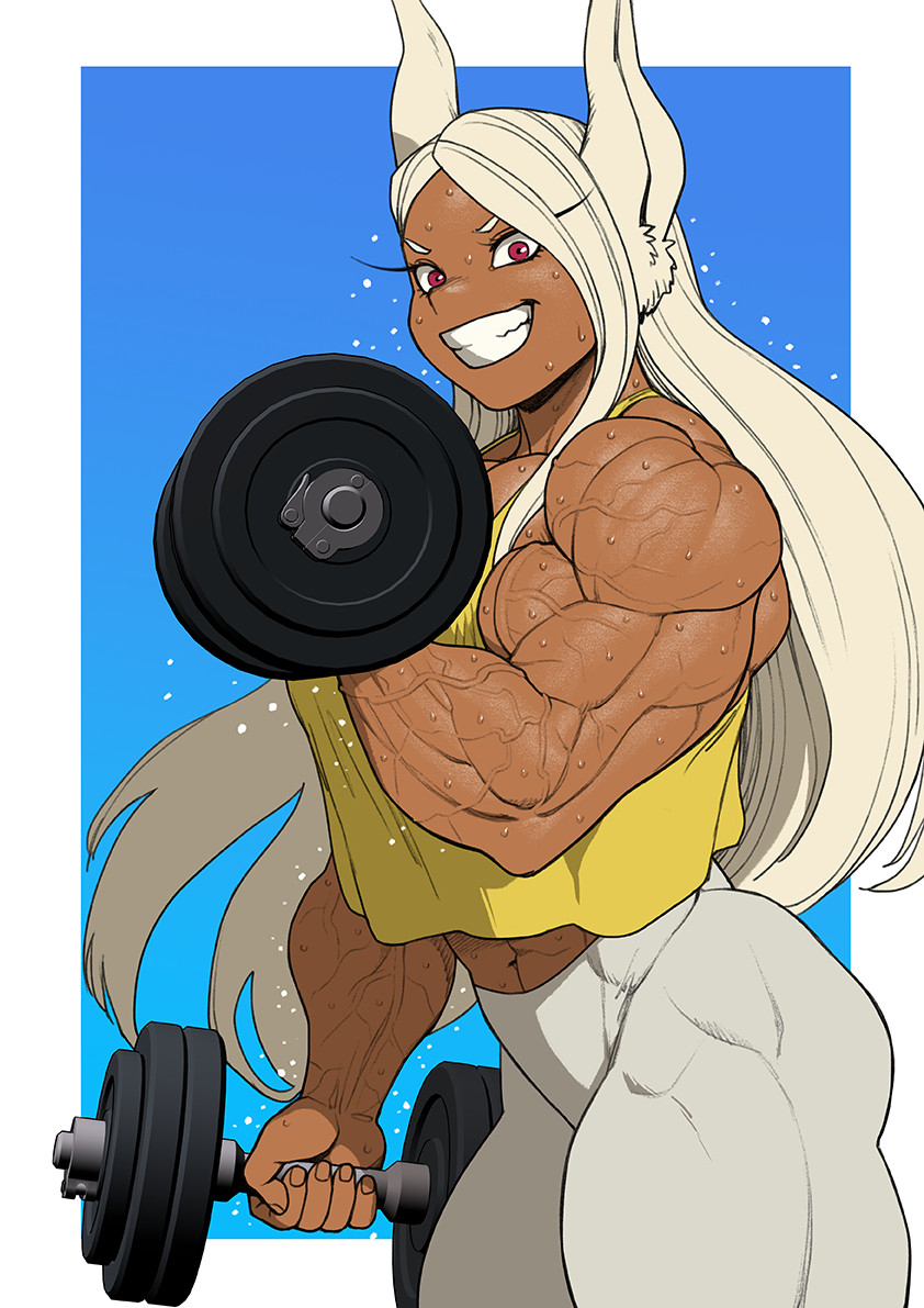 abs, biceps, boku no hero academia, dumbbell, female, grin, lifting weights, long hair, looking at viewer, miruko, muscles, muscular, muscular arms, muscular female, my hero academia, pokkuti, red eyes, rumi usagiyama, smile, smiling at viewer, sweat, sweatdrop, sweating, sweaty, tank top, toothy grin, veiny muscles, weightlifting, white hair