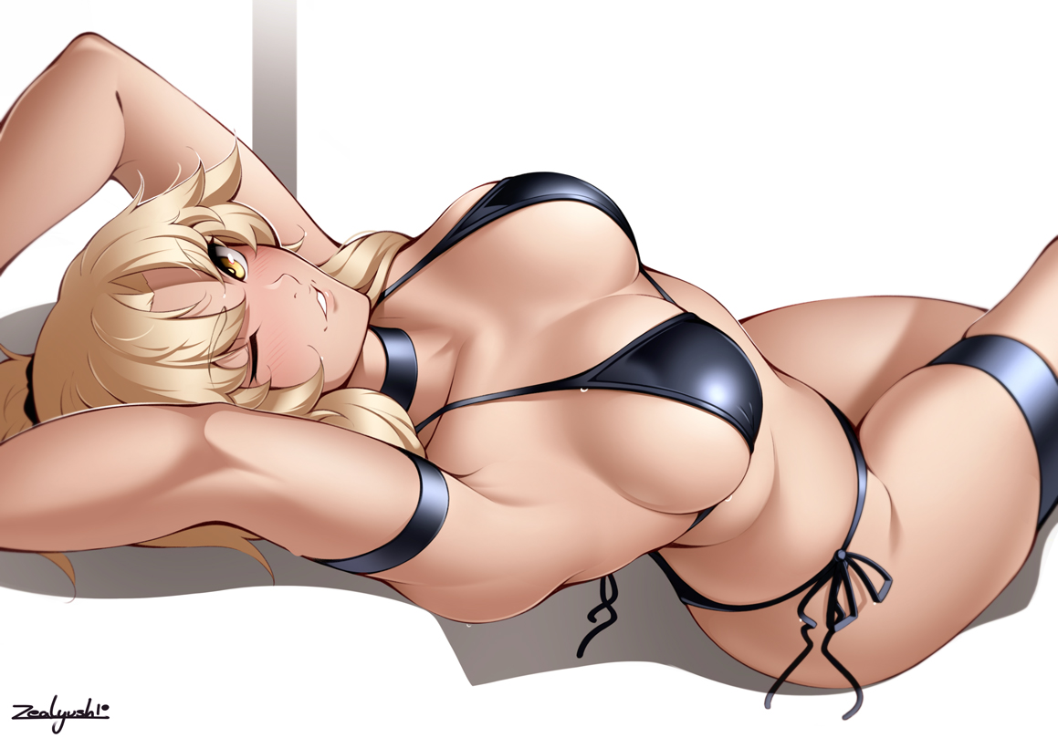 1girls, 2d, 2d (artwork), arched back, armband, armpit, armpits, arms up, artist signature, bangs, bikini, black bikini, blonde hair, blush, breasts, choker, cleavage, collarbone, crossed legs, fate (series), female, flat belly, hourglass figure, light skin, light-skinned female, looking at viewer, lying, medium breasts, mordred (fate), one eye closed, parted lips, pinup, ponytail, pose, seductive, seductive look, shadow, sideboob, simple background, slim waist, smile, solo, straight hair, swimsuit, thigh strap, thighs, tied hair, white background, wide hips, yellow eyes, zealyush