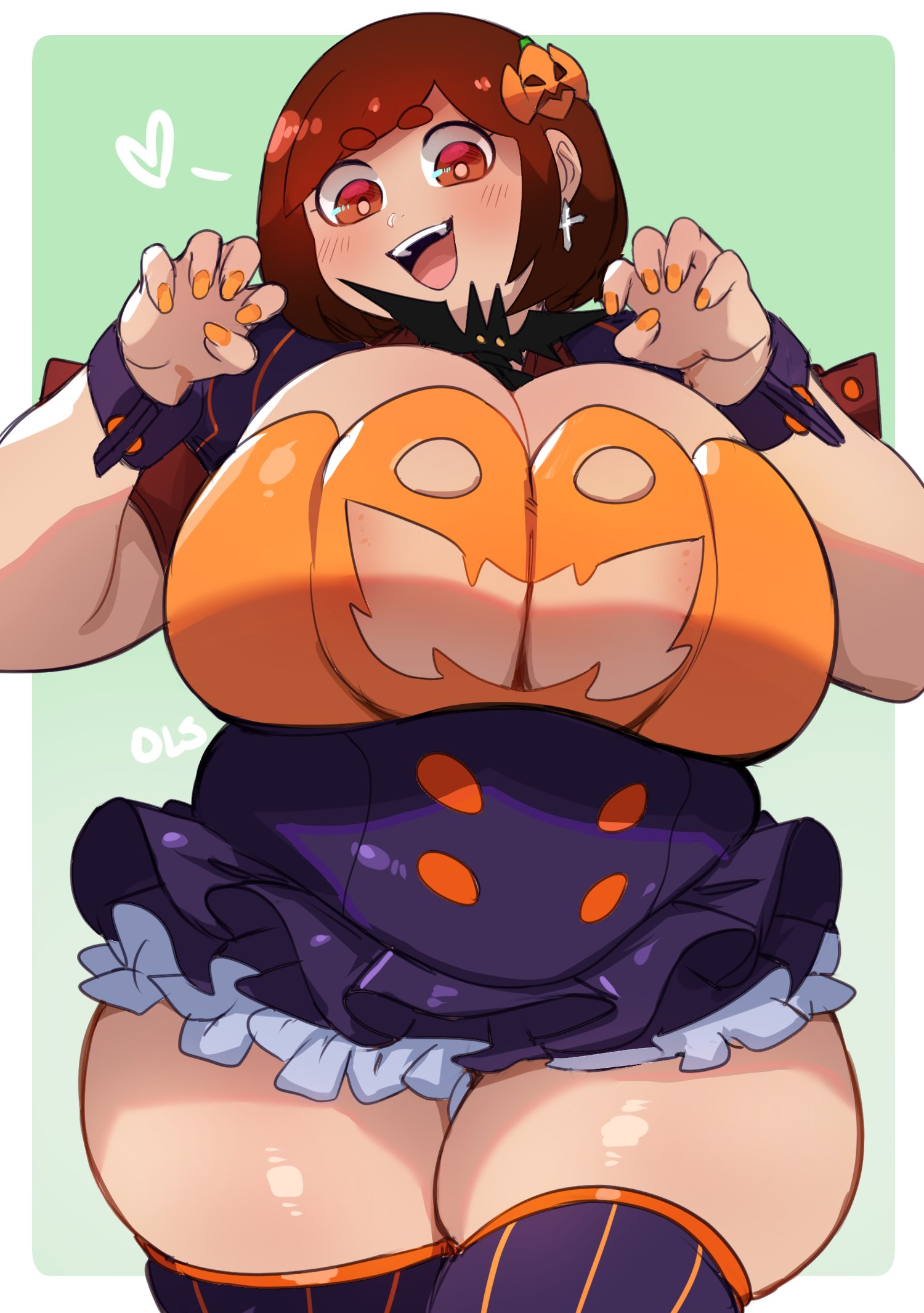 1girls, absurd res, areola slip, big breasts, blush, breasts, breasts bigger than head, brown eyes, brown hair, busty, chubby, chubby female, clothed, clothing, curvaceous, curvy, curvy female, digital media (artwork), ear piercing, eyebrows, eyebrows visible through hair, eyelashes, female, female focus, female only, glistening, glistening body, halloween, halloween costume, hi res, holidays, huge breasts, light skin, light-skinned female, lightsource, looking at viewer, motion lines, plump, purin (lightsource), solo, thick thighs, twitter link, voluptuous, voluptuous female, wide hips