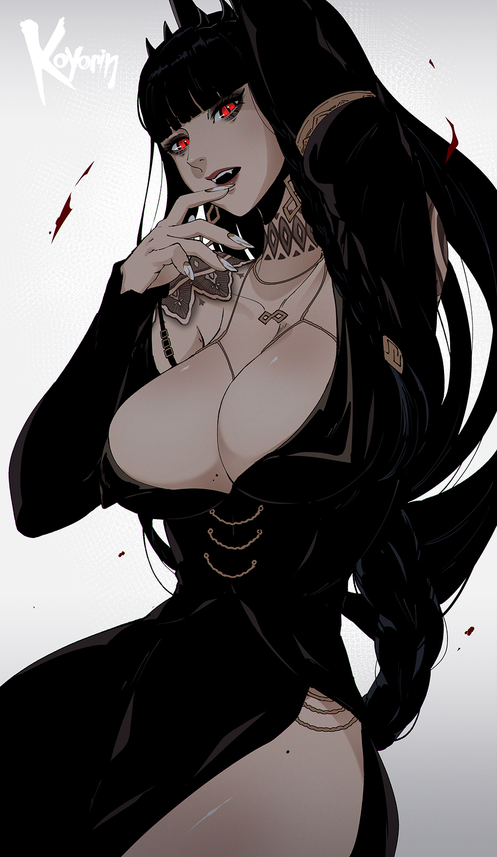 1girls, black hair, blood, cleavage, code vein 2, dress, earrings, fangs, female only, jadwiga, jadwiga (code vein 2), jewelry, koyorin, large breasts, long hair, nail polish, red eyes, slit pupils, solo