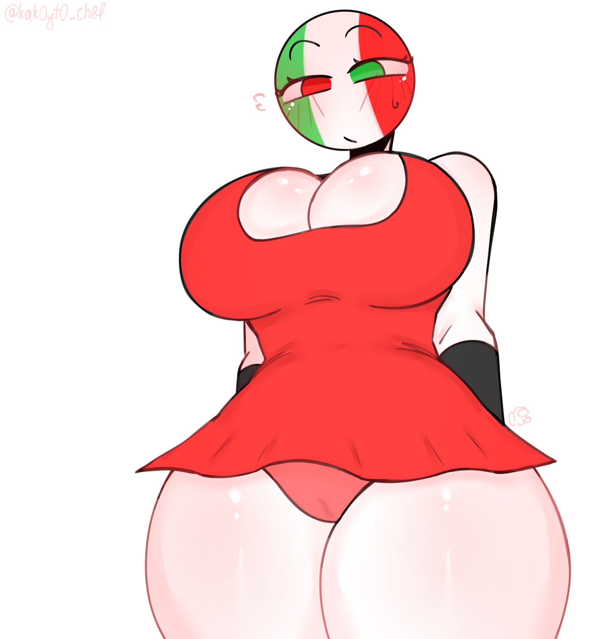 alternate version at source, alternate version available, among us reference, artist name, big breasts, big thighs, black gloves, breasts, clothed, clothing, countryhumans, countryhumans girl, female, female only, italy (countryhumans), kak0yt0 chel, no futa, red dress, solo, twitter username