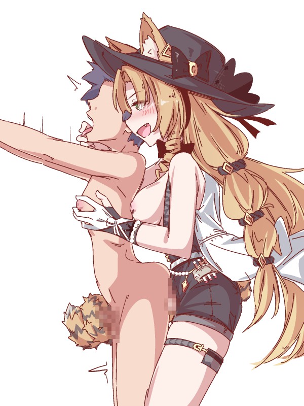 arknights, faceless male, futa on male, futanari, gemuaka719, intersex, male, swimsuit, swire (arknights), tail, tail job