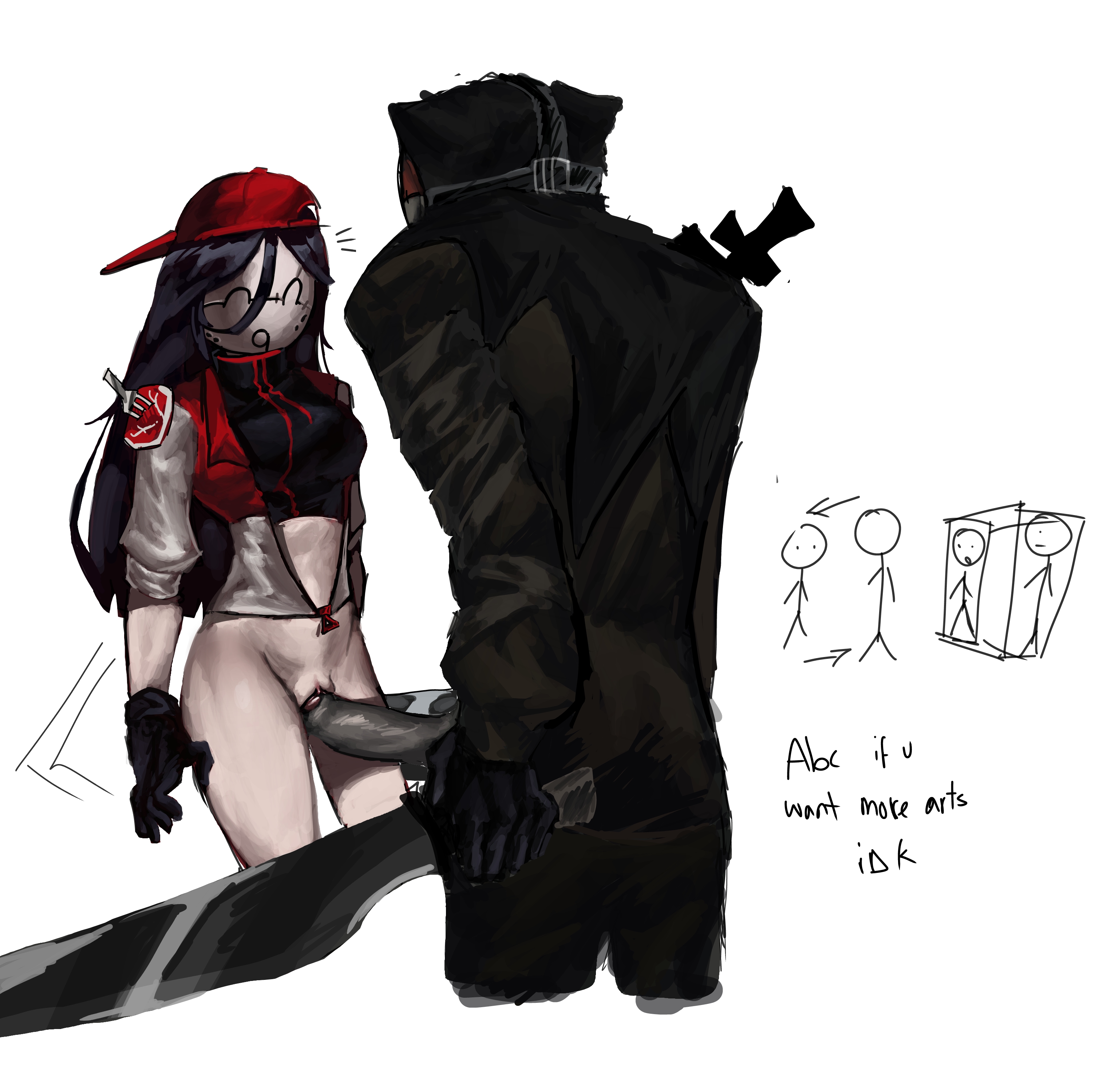 1boy, 1girls, before penetration, before sex, black gloves, black hair, bottomless, breasts, butcher vanity (synthesizer v), cap, crackship, female, forsaken (roblox), gloves, half dressed, half naked, half naked female, half nude, half nude female, holding object, holding weapon, light-skinned female, lornan1hater, male, mask, masked, masked female, masked male, no pants, no penetration, no underwear, partially clothed, penis, penis out, pussy, roblox, roblox game, robloxian, self upload, slasher (forsaken), standing, standing sex, straight, taller male, thighs, vagina, vanity slasher, yi xi (synthesizer v)