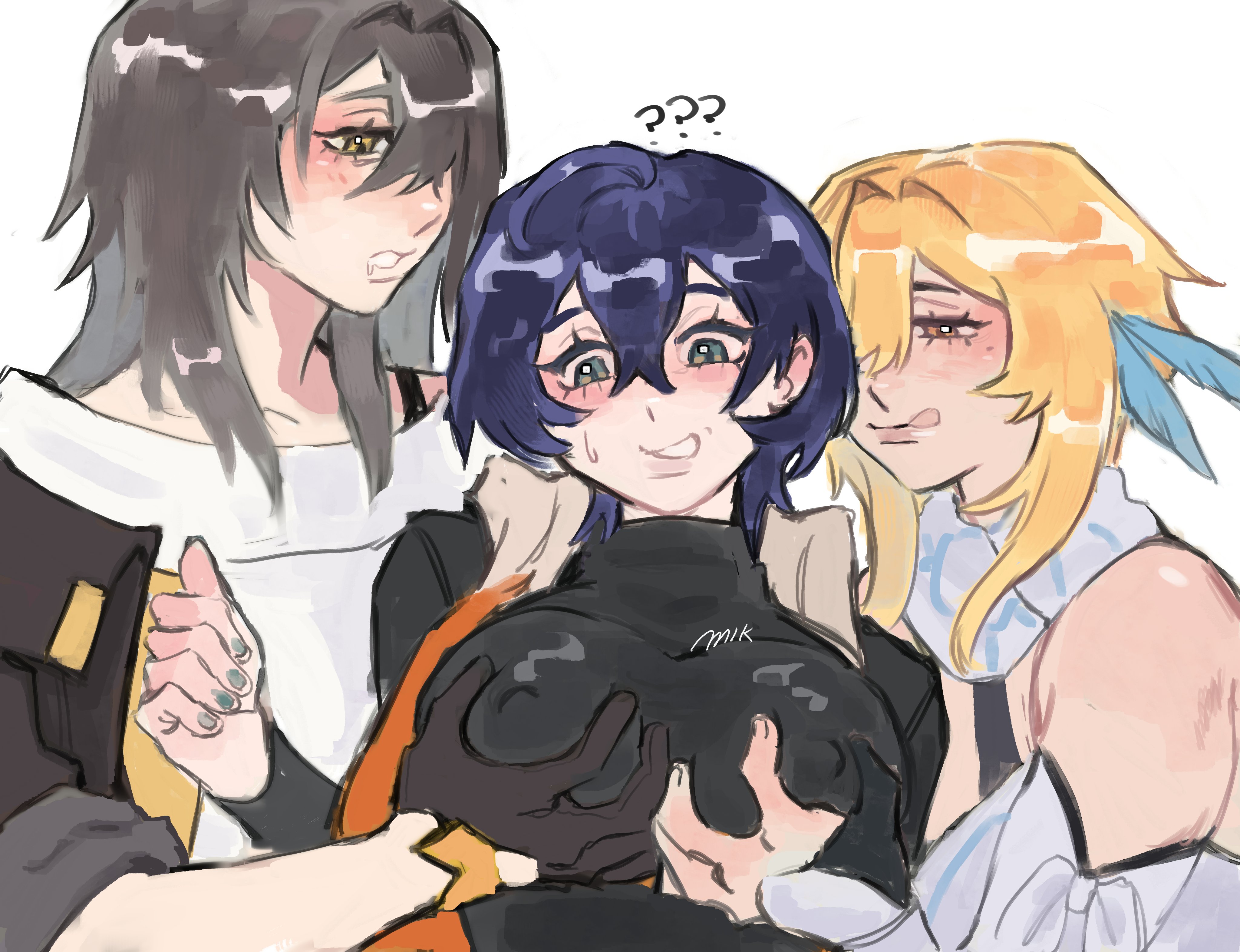 2d, 3girls, 5mikchu, belle (zenless zone zero), blonde hair, blue hair, blush, breasts, confused, crossover, drooling, erect nipples, female, female only, genshin impact, gloves, grey hair, groping breasts, honkai: star rail, hoyoverse, licking lips, lumine (genshin impact), mihoyo, smile, stelle (honkai: star rail), tongue out, yellow eyes, yuri, zenless zone zero