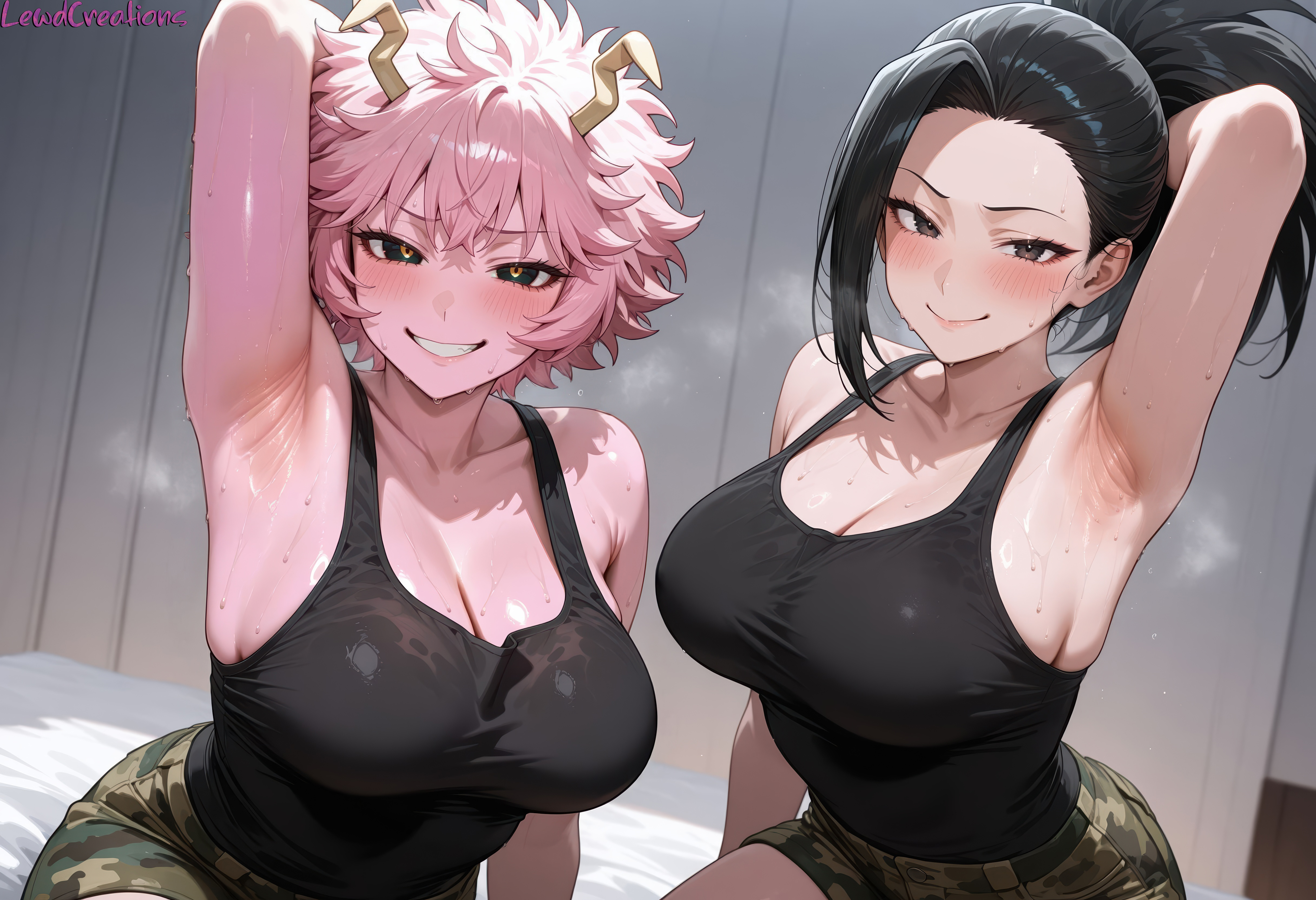 1girls, 2girls, absurd res, ai generated, arm behind head, armpit, armpit crease, armpit fetish, armpits, ashido mina, big breasts, black hair, black tank top, blush, blush lines, boku no hero academia, breasts, camouflage shorts, cleavage, curvy, curvy figure, female, high resolution, highres, lewdcreationsai, light skin, light-skinned female, mina ashido, momo yaoyorozu, my hero academia, on bed, pink skin, sexually suggestive, sitting, smirk, smug, stable diffusion, steam, steaming body, steamy breath, sweat, sweatdrop, sweating, sweaty, tagme, thick, thick legs, thick thighs, thighs, yuri