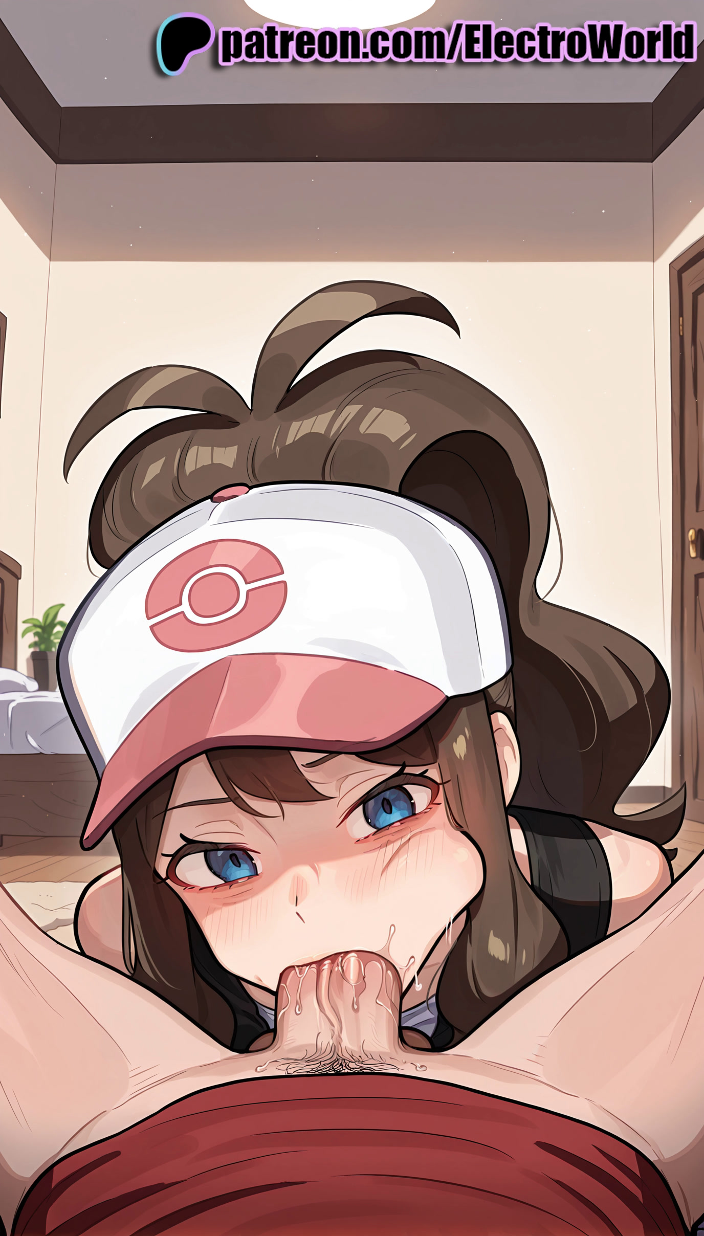 :>=, 1boy, 1girls, 2025, ai generated, artist name, baseball cap, blowjob, blowjob face, blue eyes, blush, brown hair, cock, dick, electroworld, erection, fellatio, female, hat, hi res, high quality, high resolution, highres, hilda (pokemon), indoors, licking, long hair, male, oral, oral sex, patreon, patreon username, penis, pokemon, pubic hair, solo focus, stable diffusion, straight, sucking, uncensored, visor cap, watermark