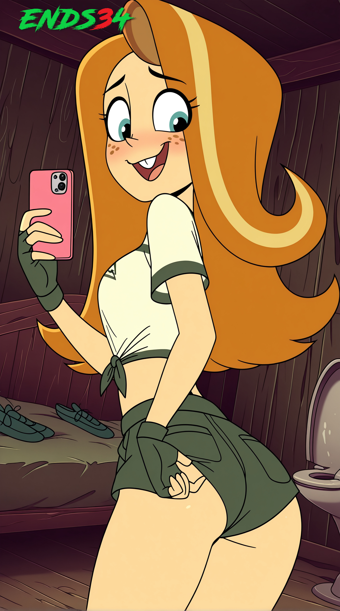 2025, ai generated, ass, ass focus, breasts, carla, carla (helluva boss), ends34, female, green clothing, helluva boss, long hair, medium breasts, orange hair, selfie, shorts