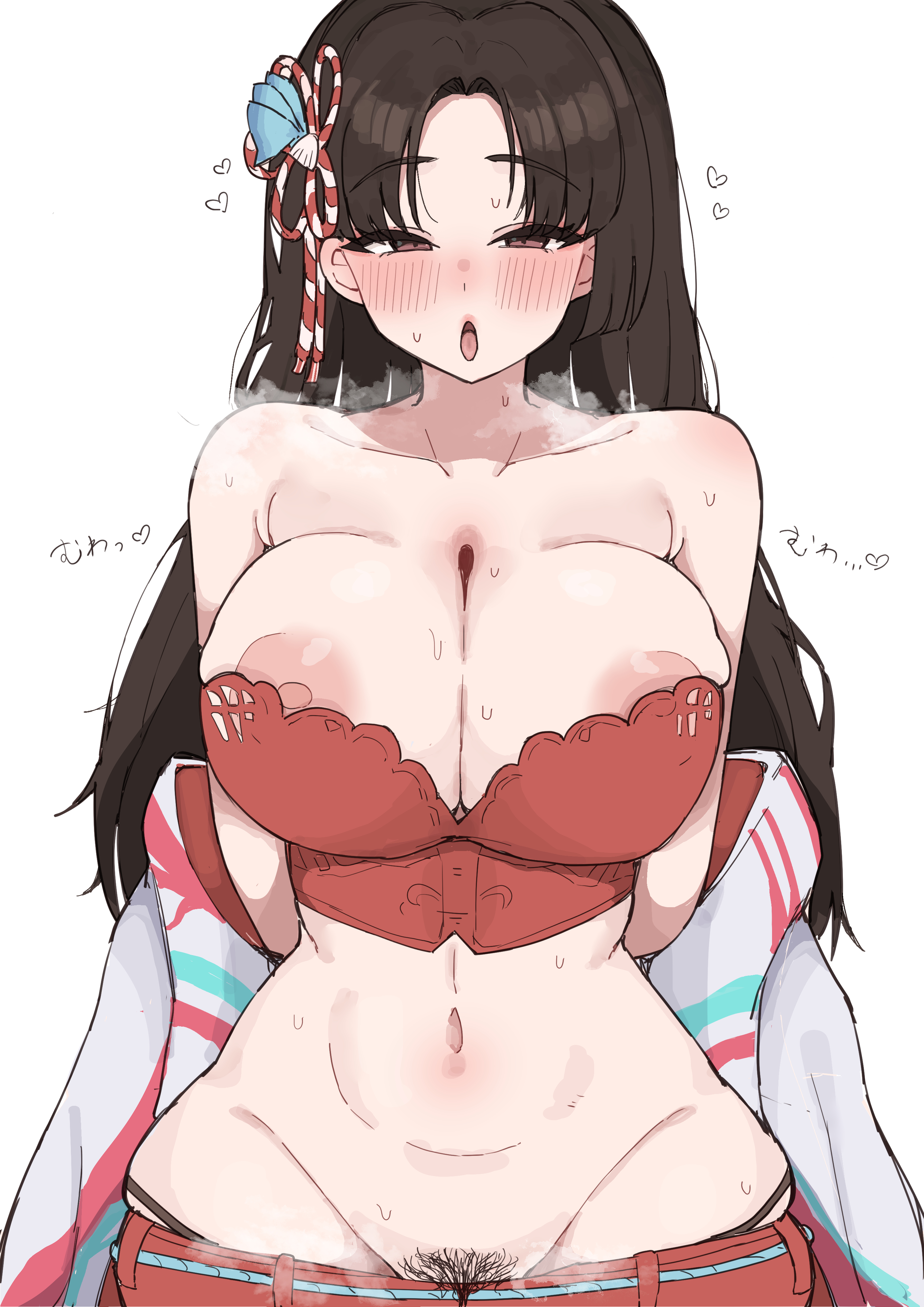 1girls, absurdres, alternate costume, aroused, bare shoulders, big breasts, blush, breasts, breasts squeezed together, brown eyes, brown hair, bustier, butterfly hair ornament, clothes pull, eyes visible through hair, fatal fury, female, female focus, female only, female pubic hair, hair ornament, haori, heart, heavy breathing, highres, huge breasts, human, human female, human only, japanese clothes, king of fighters, light skin, light-skinned female, long hair, mai shiranui, nechigae otaku, nipple slip, nipples, off shoulder, official alternate costume, official alternate hairstyle, open mouth, panties, pants, pants pull, panty peek, pixiv link, pubic hair, pubic hair peek, red bustier, red pants, simple background, snk, solo, solo female, steam, steaming body, street fighter, street fighter 6, sweat, underwear, white background, wide hips
