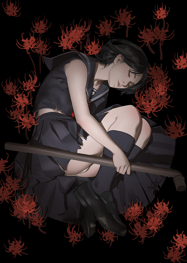 1girls, 2020s, 2025, 2d, 2d (artwork), asian, ass, black hair, black serafuku, black shoes, black skirt, breasts, closed eyes, closed mouth, female, female only, flower, full body, grey socks, hinako shimizu, holding, holding lead pipe, human, human only, injury, konami, lead pipe, loafers, lying, melee weapon, on side, pale skin, panties, pipe, questionable, red flower, school uniform, schoolgirl, serafuku, shoes, short hair, silent hill, silent hill f, skirt, socks, solo, solo female, spider lily, teenage female, teenager, thighs, weapon, yasuisinsan, young, young female