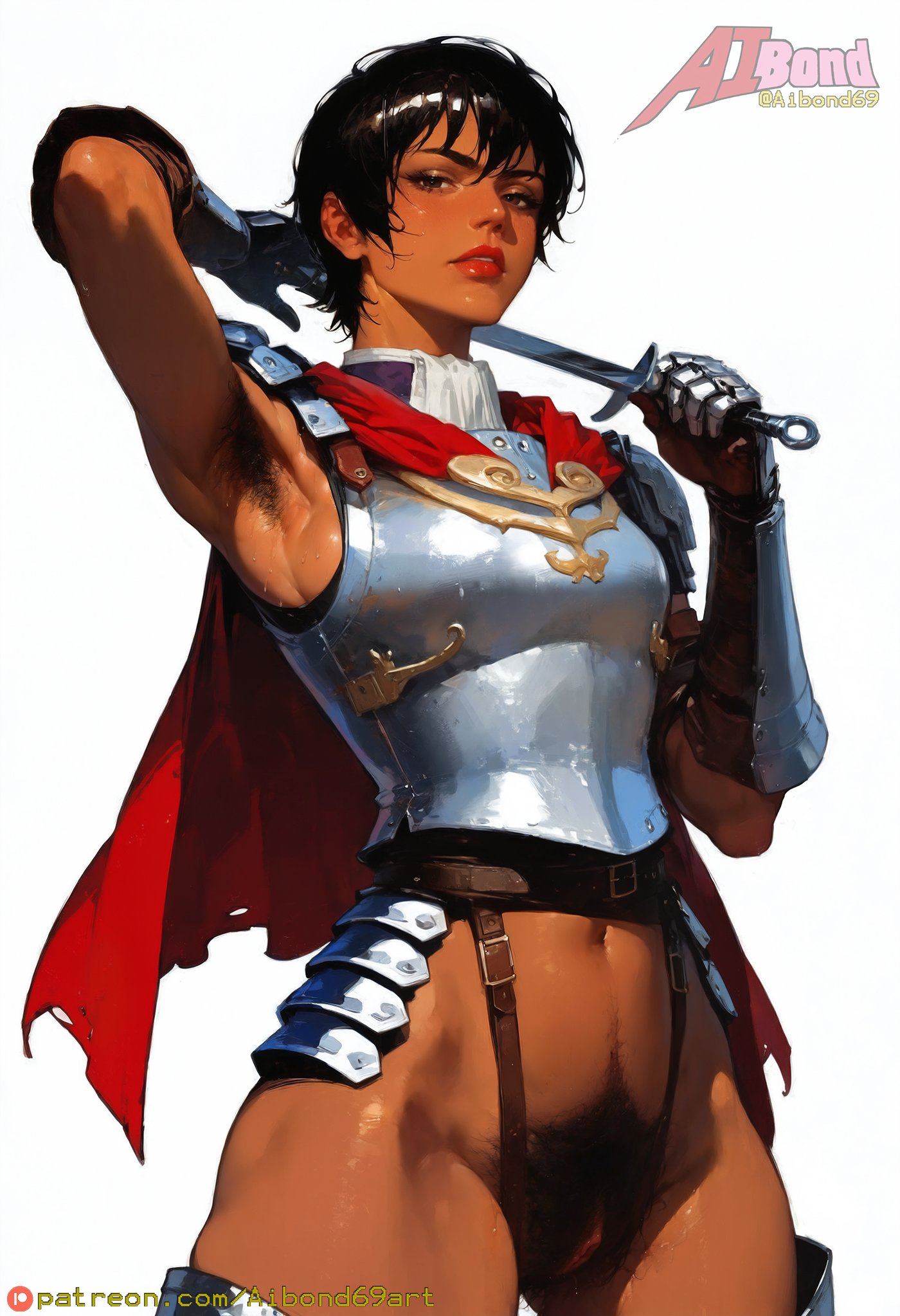 ai generated, aibond, armored female, armpit hair, arms up, athletic female, bare thighs, berserk, black hair, breasts, brown eyes, casca, dark skin, dark-skinned female, female, female armpit hair, hairy armpits, hairy pussy, huge breasts, huge thighs, large breasts, looking at viewer, pubic hair, pussy, short hair, solo, solo female, squatting, sweat, sweatdrop, thick thighs, thighs, voluptuous, voluptuous female