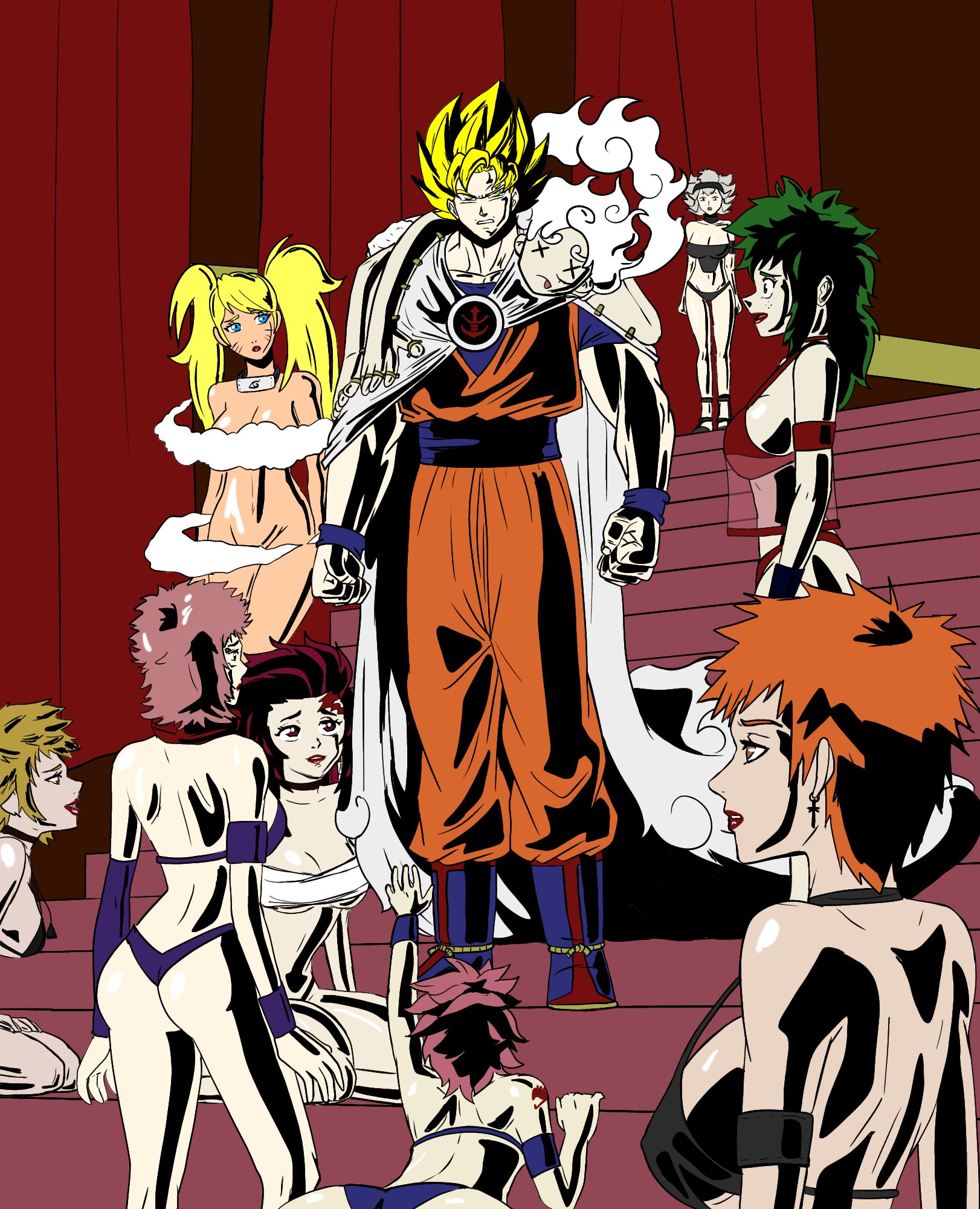 ass, asta (black clover), big breasts, black clover, black hair, bleach, blonde hair, breasts, cape, chainsaw man, crossover, curvy, denji (chainsaw man), dragon ball, fairy tail, female, female asta, female deku, female denji, female ichigo, female natsu, female tanjirou, female yuuji, genderswap, genderswap (mtf), goes hard, harem, ichigo kurosaki, invincible, itadori yuuji, izuku midoriya, jujutsu kaisen, kamado tanjirou, kimetsu no yaiba, large breasts, light skin, lipstick, long hair, male, meme, monkey d luffy, my hero academia, naruko, naruto, natsu dragneel, one piece, parody, powerscaling, que ladilla, reference image, rule 63, short hair, son goku, stairs, thragg harem meme, twintails, uzumaki naruto