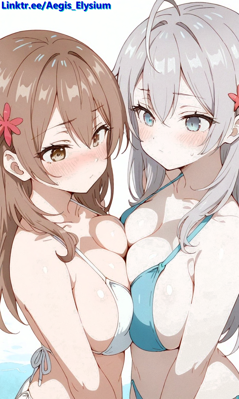 2girls aegis_elysium ai_art ai_generated alisa_mikhailovna_kujou alya bikini bikini_top blue_bikini blue_eyes blush blushing_at_viewer breasts breasts_pressed_together breasts_pressing bridge brown_eyes bush cleavage day earrings elbow_gloves female female_focus gem gloves hair_ornament headpiece highres huge_breasts jewelry large_breasts long_hair maria_mikhailovna_kujou masha navel orange_hair roshidere simple_background solo solo_focus standing symmetrical_docking thick_breasts thick_thighs thighs tiara tokidoki_bosotto_russian_de_dereru_tonari_no_alya-san very_long_hair white_background white_bikini white_hair