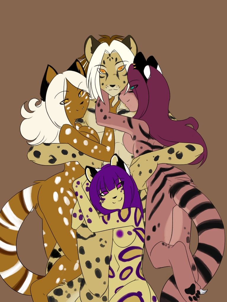 anthro breasts feline female fur furry harem hazel_eyes leopard male piercing purple snow spazzykoneko tiger whitehair