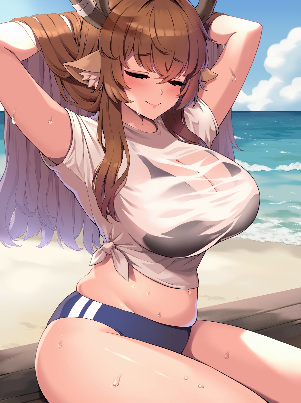 1girls, animal ear fluff, animal ears, antlers, arms behind head, beach, bikini, bikini under clothes, black bikini, bloody0rabby, blue buruma, blue sky, breasts, brown hair, buruma, closed eyes, closed mouth, cloud, commentary, day, deer ears, deer girl, diana (trickcal re:vive), female, highres, horns, large breasts, long hair, midriff, navel, ocean, outdoors, see-through clothes, see-through shirt, shirt, sitting, sky, solo, sweat, swimsuit, thighs, tied shirt, trickcal re:vive, white shirt