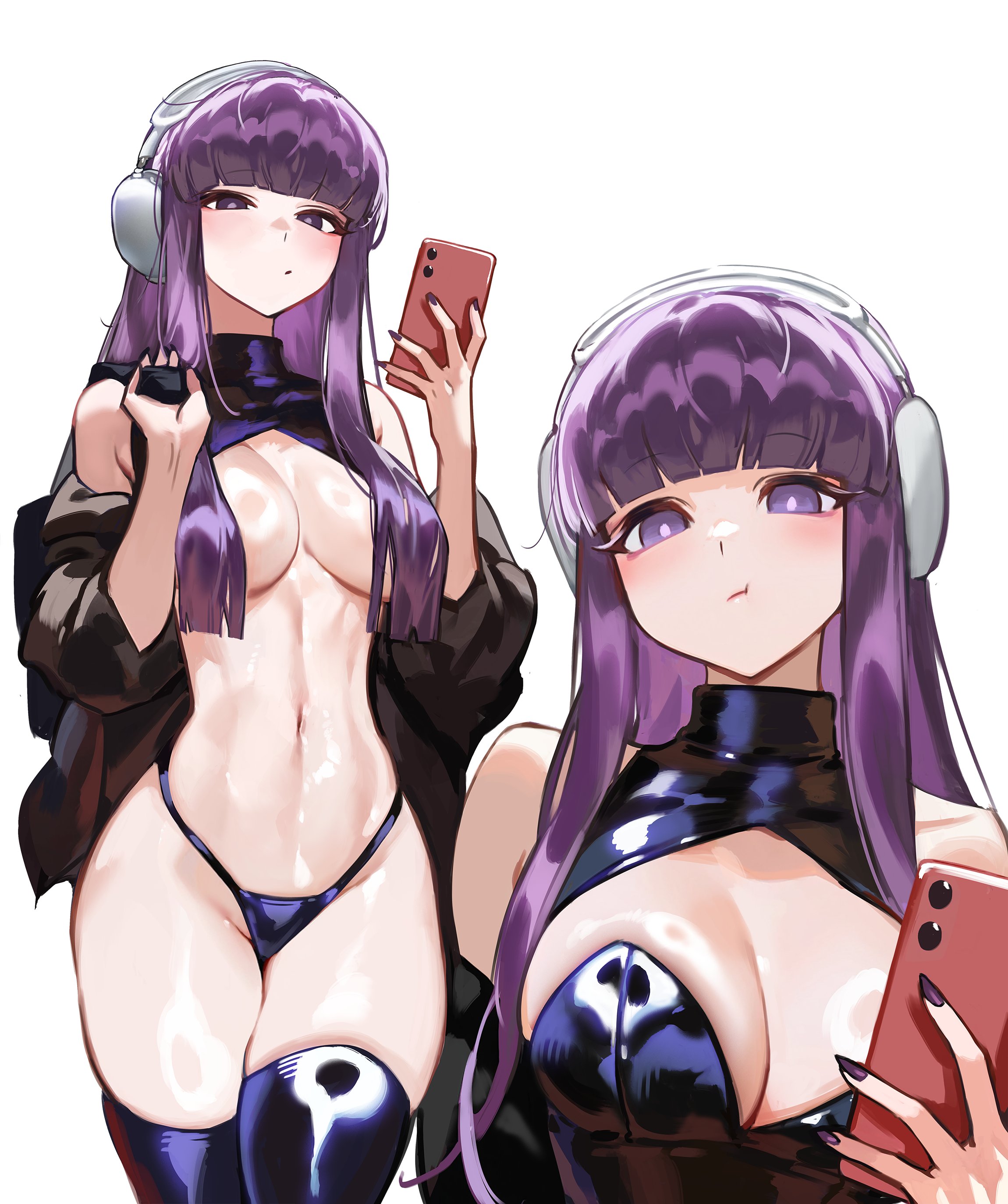 1girls, absurdres, bare shoulders, black jacket, black panties, black thighhighs, blunt bangs, blush, breasts, cellphone, closed mouth, commentary, crop top, female, female only, fern (sousou no frieren), fingernails, foolish potato, hair over breasts, headphones, highleg, highleg panties, highres, holding, holding phone, jacket, large breasts, long hair, looking at viewer, multiple views, nail polish, navel, off shoulder, open clothes, open jacket, panties, phone, pout, purple eyes, purple hair, purple nails, shiny clothes, shiny skin, simple background, sleeveless, sleeves pushed up, smartphone, sousou no frieren, standing, thighhighs, underwear, upper body, white background