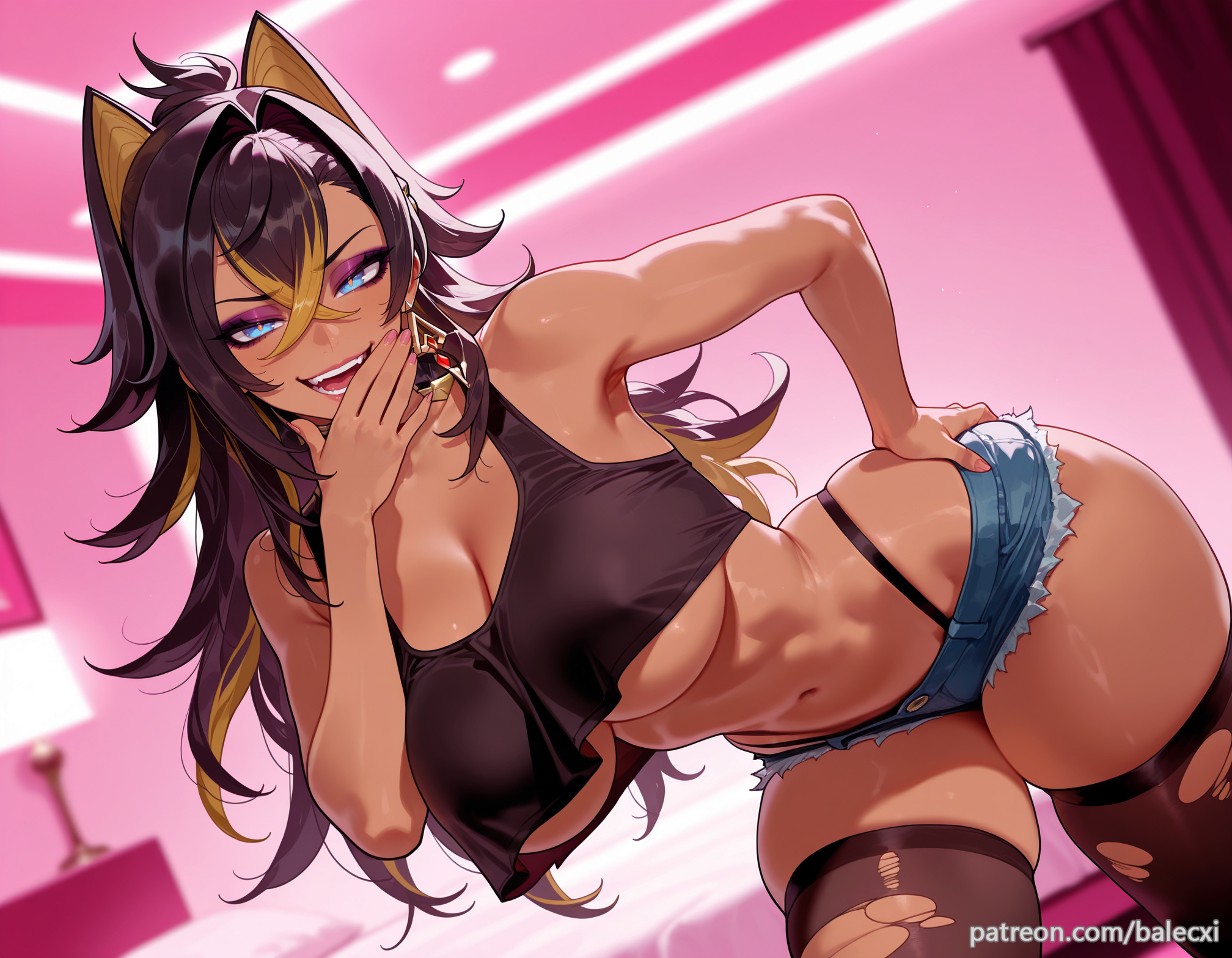 ai generated, balecxi, bare shoulders, black hair, black thighhighs, blonde hair, blue eyes, blurry, blurry background, breasts, cleavage, crop top, crossed bangs, cutoffs, dark skin, dark-skinned female, dehya (genshin impact), denim, denim shorts, female, genshin impact, hair between eyes, indoors, large breasts, long hair, looking at viewer, multicolored hair, navel, open mouth, patreon username, short shorts, smile, solo, thighs, torn clothes, torn thighhighs, underboob