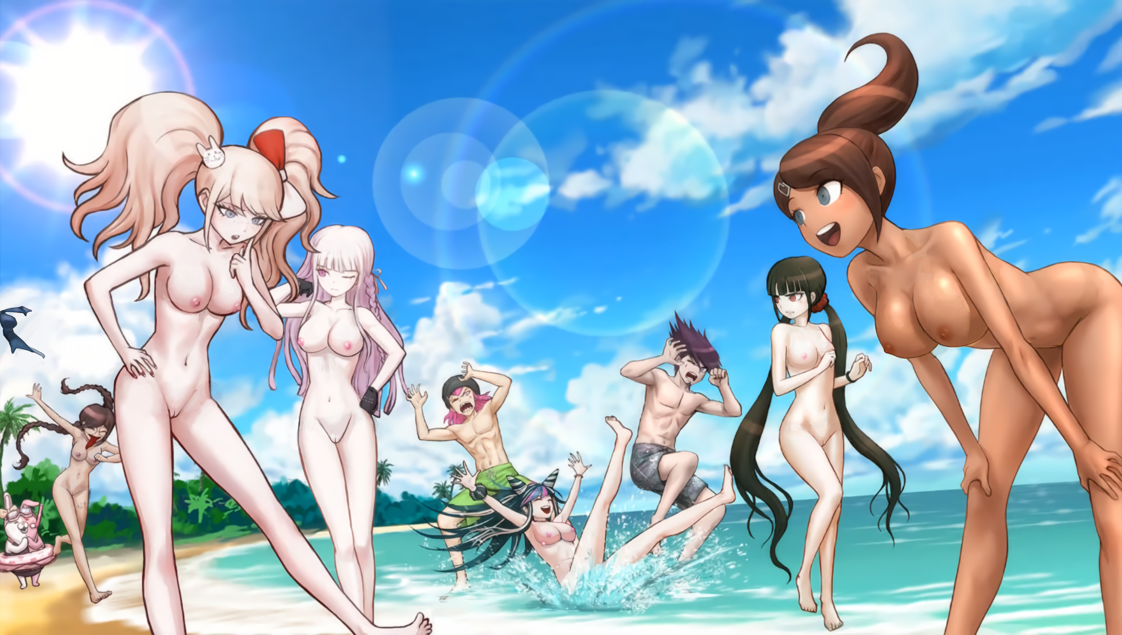 2boys, 6girls, asahina aoi, bangs, bathing suit, beach, big breasts, black gloves, blonde female, blonde hair, bow, braid, braided hair, breasts, brown hair, clothed male, clothed male nude female, clouds, completely nude, danganronpa, danganronpa 2: goodbye despair, danganronpa s: ultimate summer camp, danganronpa v3, danganronpa v3: killing harmony, dark skin, dark-skinned female, edit, female, freckles, freckles on face, fukawa touko, game cg, genocider shou, glasses, gloves, hair horns, harukawa maki, hime cut, horns, junko enoshima, junko enoshima (cosplay), kazuichi souda, kirigiri kyouko, kosine1777, light skin, light-skinned female, long hair, male, medium breasts, mioda ibuki, momota kaito, monomi (danganronpa), mukuro ikusaba, multicolored hair, multiple females, multiple girls, nipples, nude, nude female, ocean, official art, one eye closed, ponytail, pussy, sand, scrunchie, sky, splashing, sunlight, sunshine, tagme, tattoo, tongue, tongue out, twin braids, twintails, water