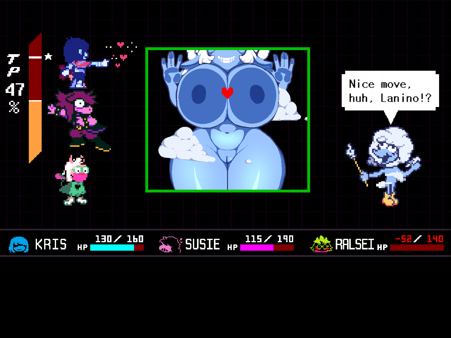 2boys 2d 2girls 2girls2boys battle blue_body blue_nipples blue_skin blush breasts breasts_out cloud cloud_humanoid clouds darkner deltarune deltarune_chapter_3 digital_media_(artwork) elnina_(deltarune) english english_text furry goat goat_boy grin grinning heart heart hiding_face hud human kris_(deltarune) lizard_girl monster naked naked_female nipples non_human nude nude_female pixel_art png pointing_at_another pointy_nose purple_body purple_hair purple_skin pussy ralsei ralsei_with_white_fur rhy-c self_upload shaved_crotch shaved_pussy shocked smiling soul surprised susie_(deltarune) teeth teeth_showing text text_bubble thick_thighs uncensored undertale_(series) white_hair white_wool wool