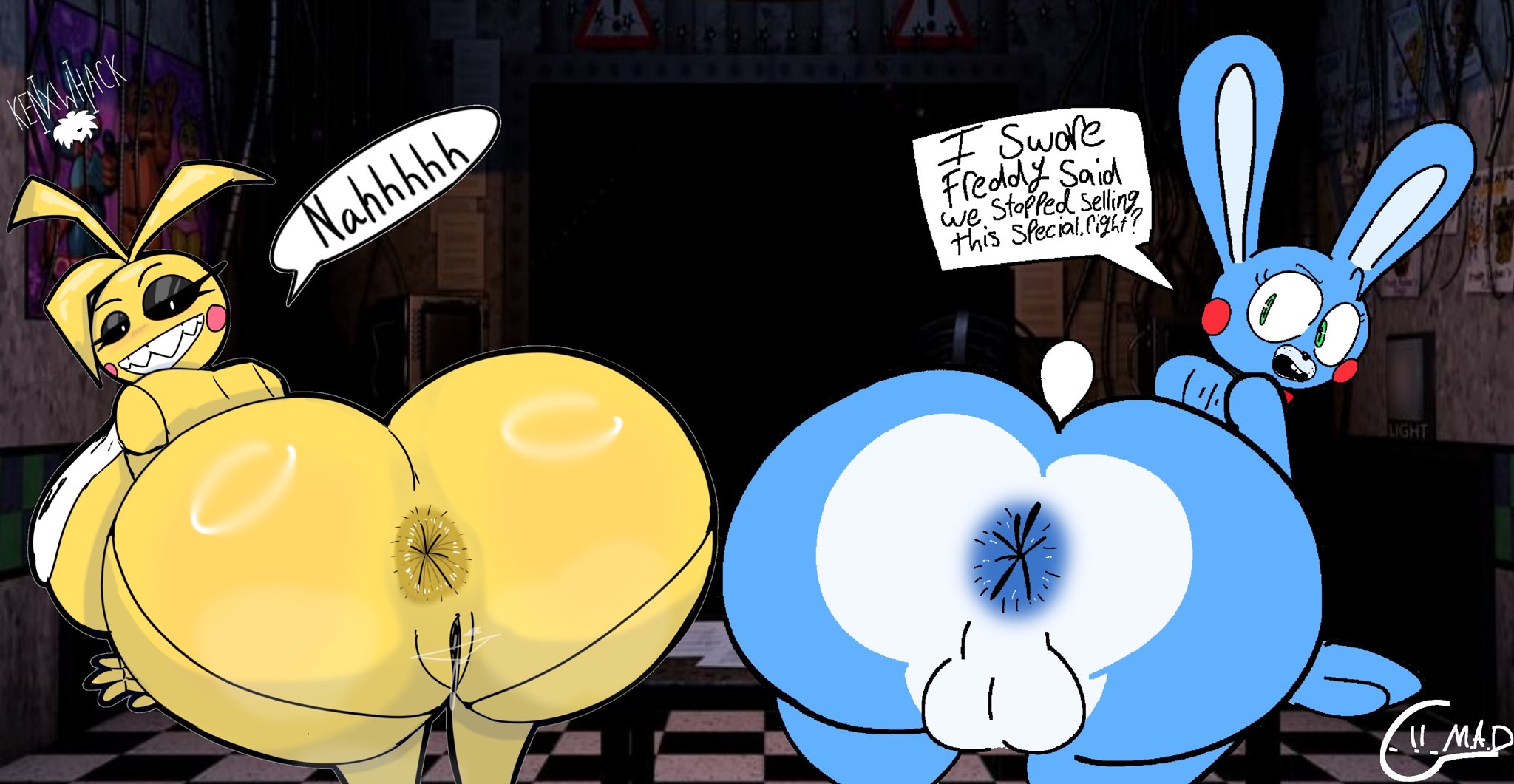 1boy, 1girls, ass, asshole, asshole peek, balls, big ass, big butt, buttcheeks, dialogue, female, femboy, five nights at freddy's, five nights at freddy's 2, fnaf, fnaf2, fnaf2 location, huge ass, huge butt, kenxwhack, male, pussy, robot, toy bonnie (fnaf), toy chica (fnaf)