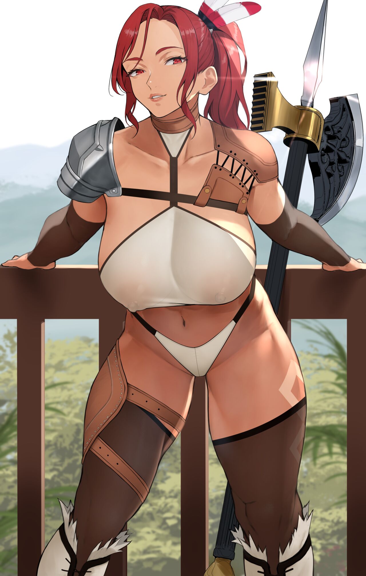 axe female long_hair looking_at_viewer original red_eyes red_hair shoulder_armor warrior weapon yoshi55level yoshio_(55level)