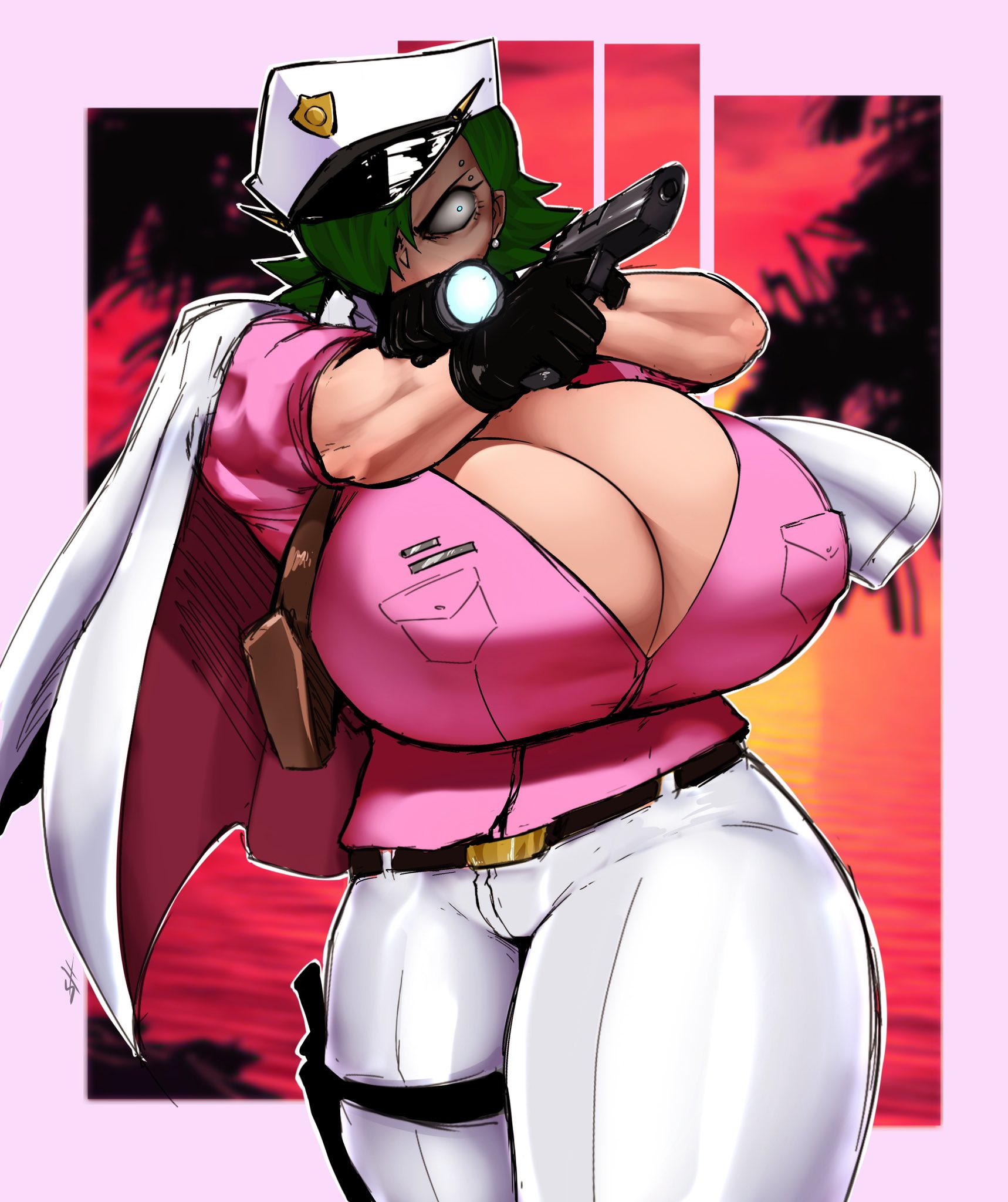 1girls, angry, ass, avis (strangehero), big breasts, breasts, breasts bigger than head, cleavage, female, green hair, gun, huge breasts, large ass, muscular, muscular female, solo, strangehero, tagme, thick thighs