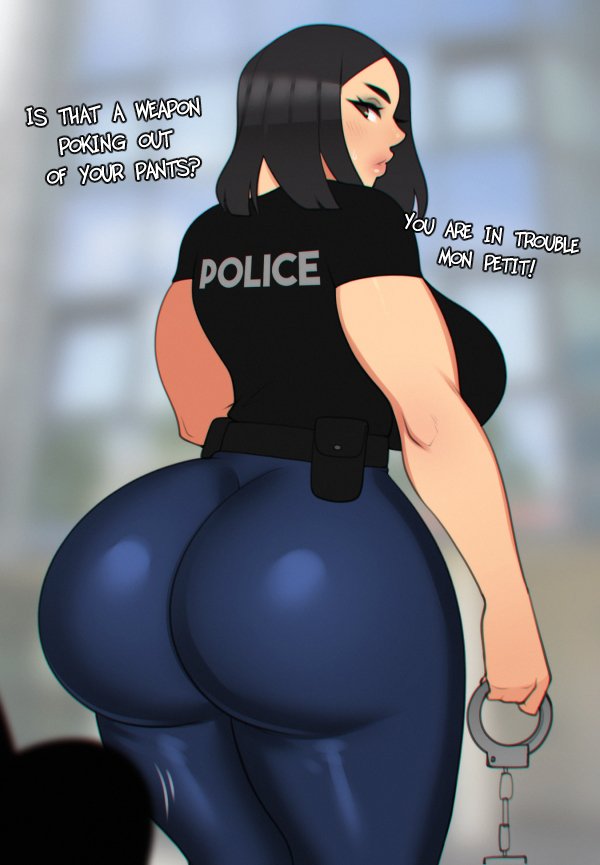 1girls, ass, big ass, black hair, english text, fat ass, female, female only, foxicube, huge ass, long hair, looking at viewer, looking back, original, original character, police, police uniform, round ass, solo, text, thicc french policewoman, thick ass, tight pants