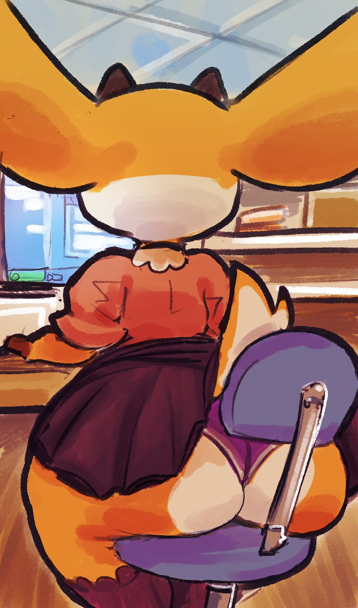 1girls, aggressive retsuko, anthro, ass, big ass, bubble ass, bubble butt, cervid, chair, clothing, computer, deer, female, female focus, female only, kiseff, office, sanrio, sitting, sitting on chair, solo, tsunoda, unaware, upskirt, wardrobe malfunction