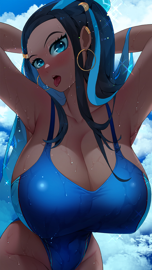 alternate breast size, big breasts, black hair, black skin, breasts, busty, cleavage, curvaceous, curvy body, curvy female, erect nipple, erect nipples under clothes, female, huge breasts, long hair, nessa (pokemon), nipple bulge, pokemon, pokemon ss, seductive eyes, seductive mouth, sumisumii, voluptuous, voluptuous female