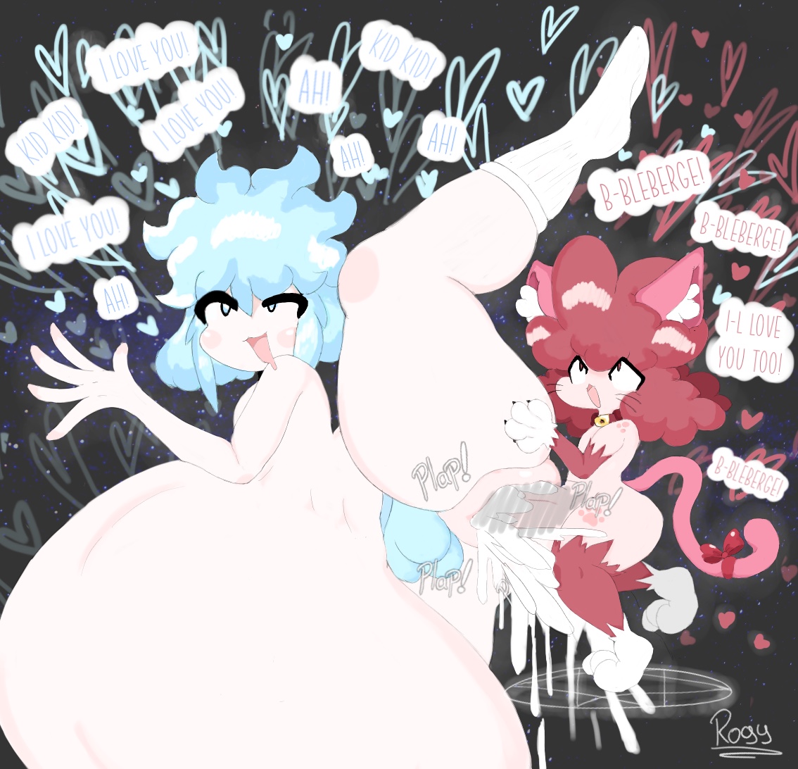 :d, 2boys, almost naked, ass, balls, blue eyes, blue hair, canon couple, cat boy, cat ears, cat tail, catboy, cumflation, femboy, galaxy, gigantic ass, gigantic belly, gigantic butt, gigantic penis, gigantic thighs, huge ass, huge belly, huge butt, huge cock, inflation, inviting, inviting to sex, male, male focus, male only, oc, original, original character, paws, penis, plaza himawari, puffy anus, red eyes, red hair, shorts, small balls, small but hung, small penis, smaller male, socks, space, standing on one leg, tall, text, text bubble, thighs, trap